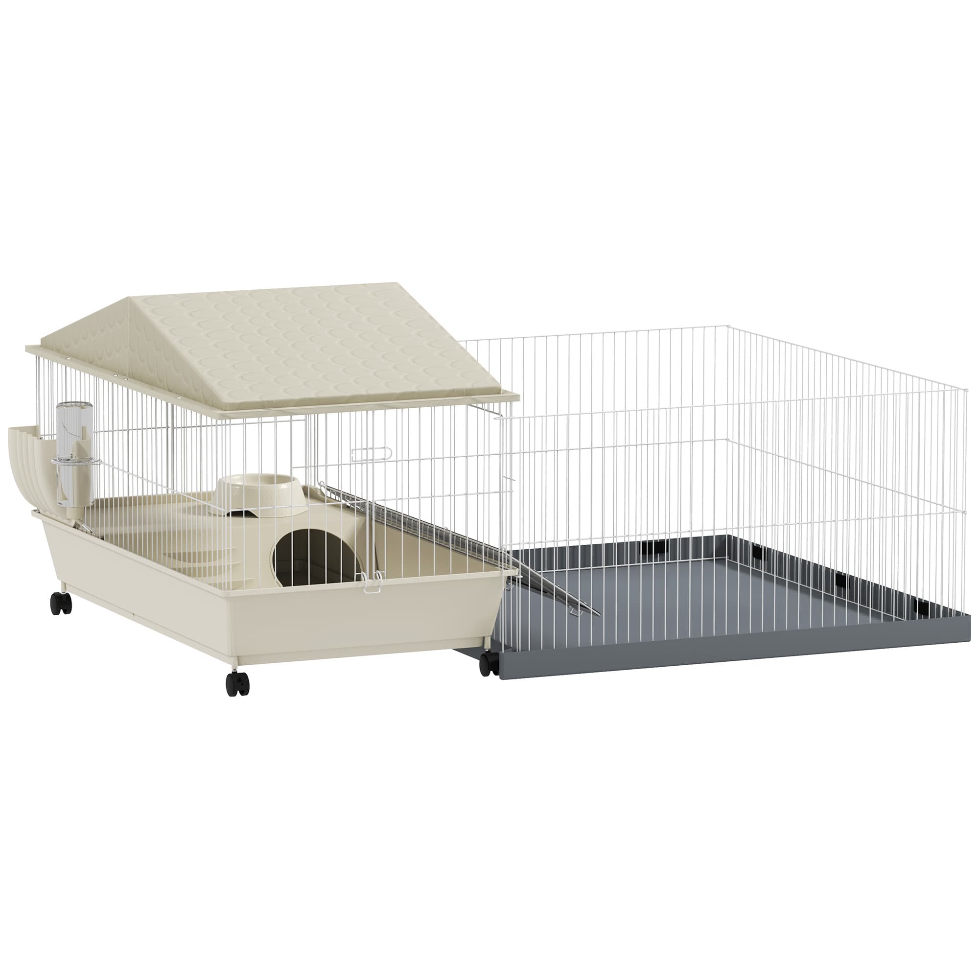 PawHut Cage cochon d'inde cage pour petits animaux avec parc amovible tapis imperméable mangeoire à foin 108 x 71 x 57 cm beige