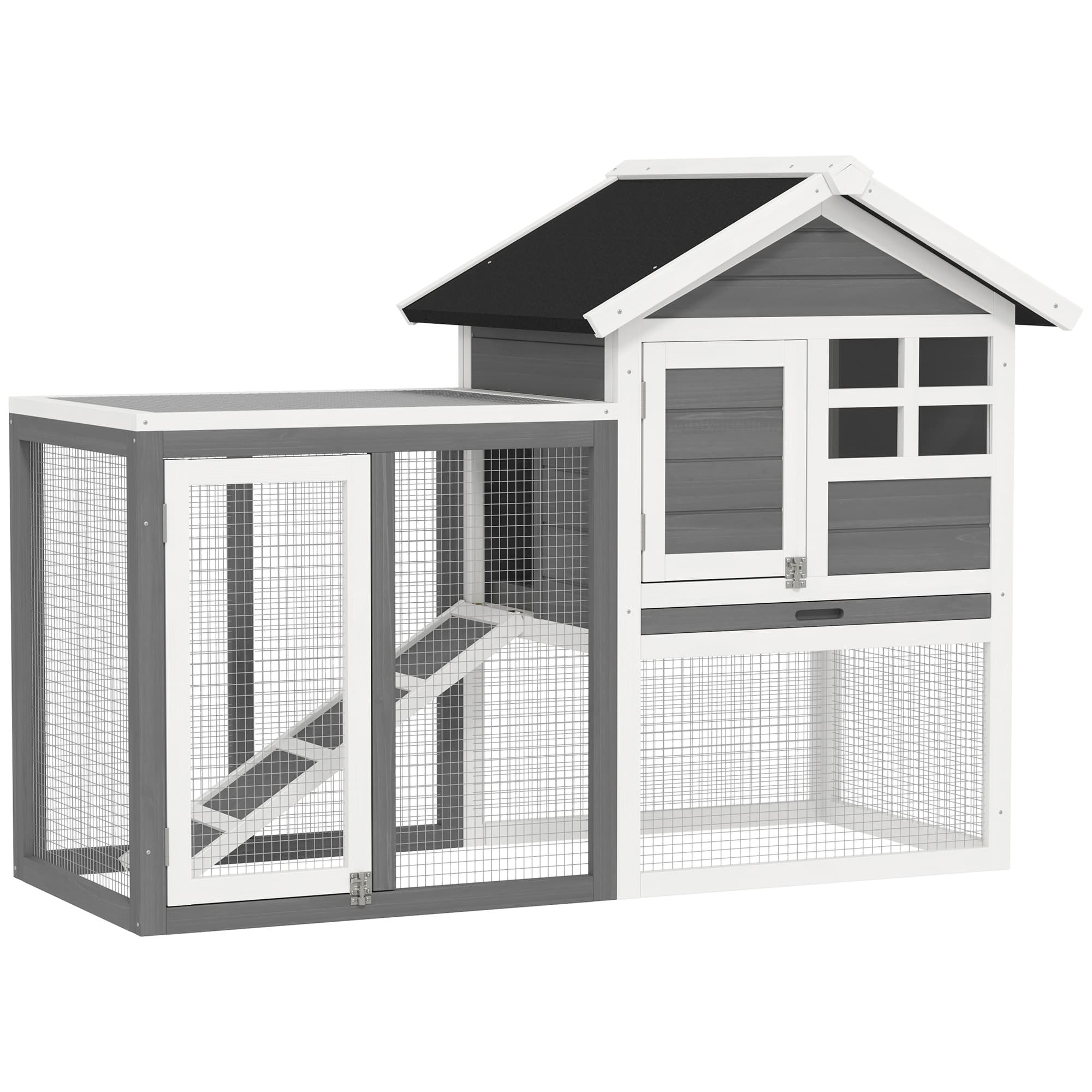 PawHut Clapier cage lapins multi-équipé niche supérieure avec rampe plateau excrément fenêtre enclos 2 portes gris Aosom France