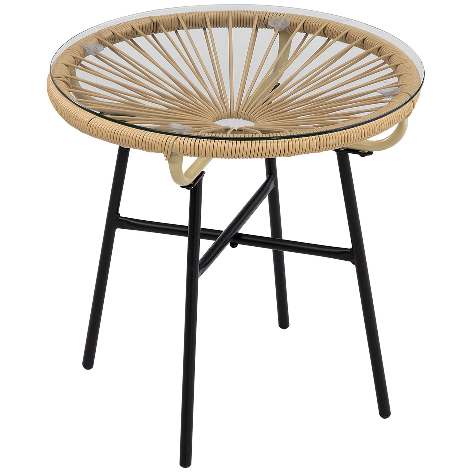 Outsunny Table basse ronde de jardin en résine aspect rotin métal et plateau verre trempé Ø 50 x 50H cm