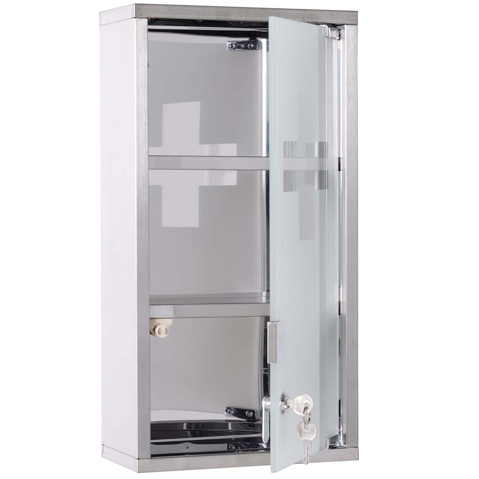 HOMCOM Armoire Murale Pharmacie 2 Étagères Verrouillable Inox avec Porte en Verre 25x12x48cm Aosom France