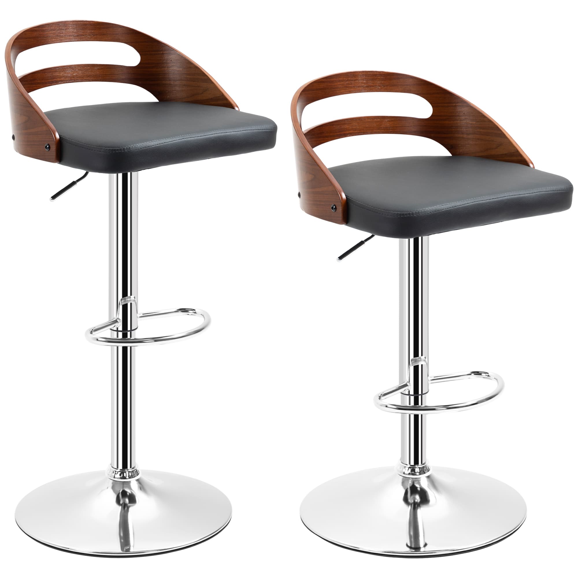 HOMCOM Lot de 2 tabouret de bar hauteur d'assise réglable 63-83 cm pivotant 360° dossier incurvé repose-pied 46,5L x 44,5l x 79-100H cm noir