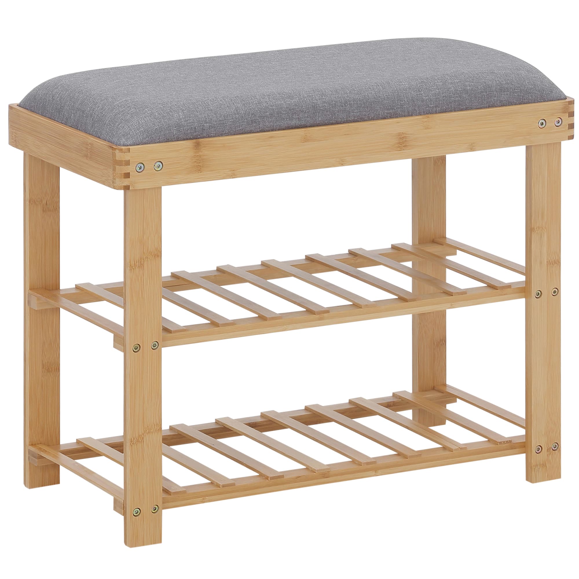 HOMCOM Banc à chaussures 2 étagères bambou coussin gris Dim. 60L x 29l x 50H cm