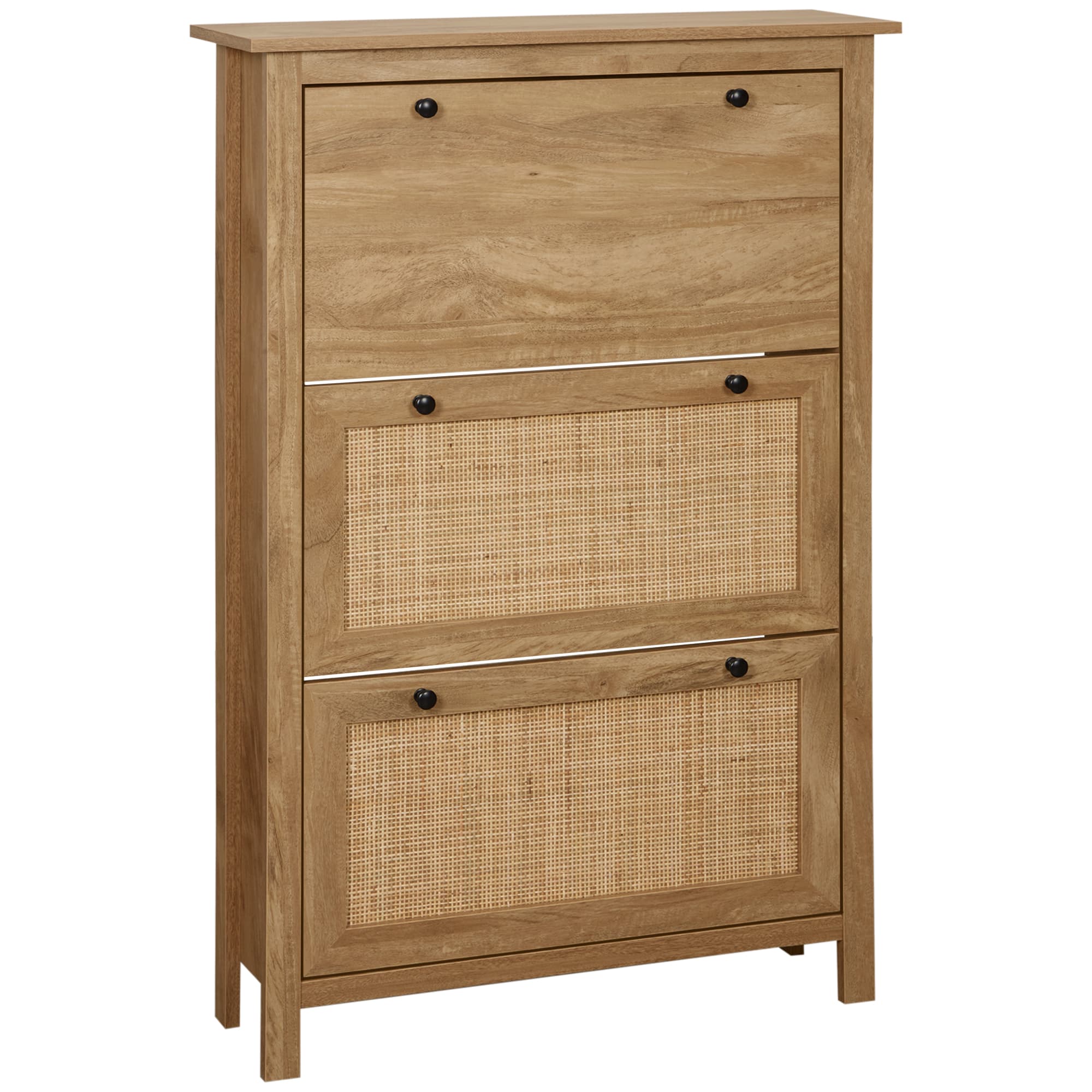 HOMCOM Meuble à chaussures étagère à chaussures armoire 3 portes abattants effet cannage rotin - en bois bois naturel Aosom France