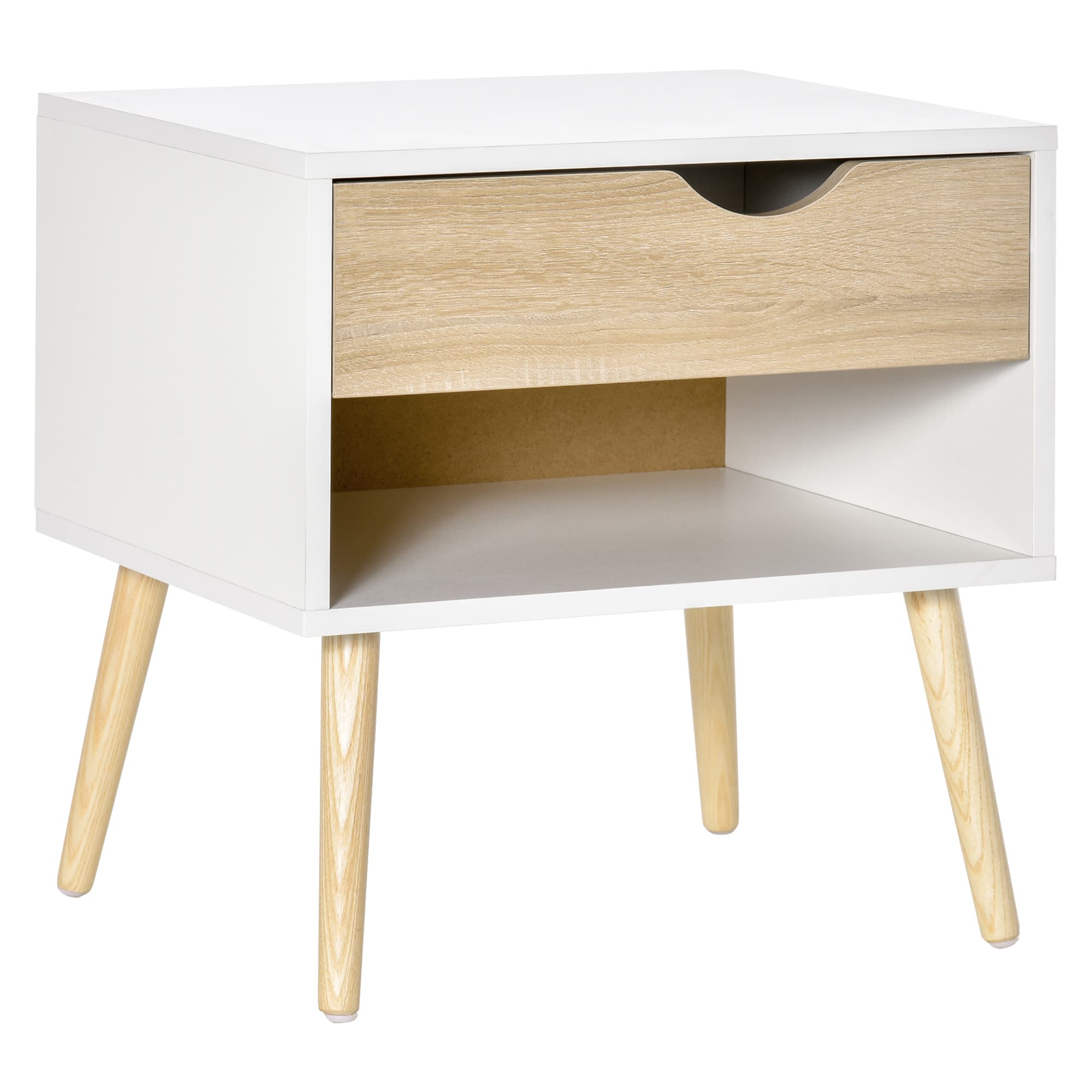 HOMCOM Table de Chevet Moderne Chêne Blanc Tiroir et Niche Pieds Bois Massif 50x39x51cm Aosom France