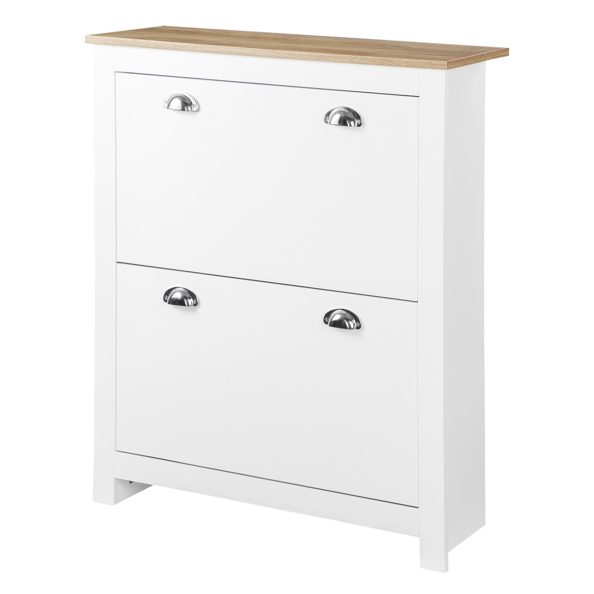 HOMCOM Armoire à chaussures pour chaussures entrée 2 portes abattantes 2 compartiments avec séparation réglable panneaux MDF blanc et chêne