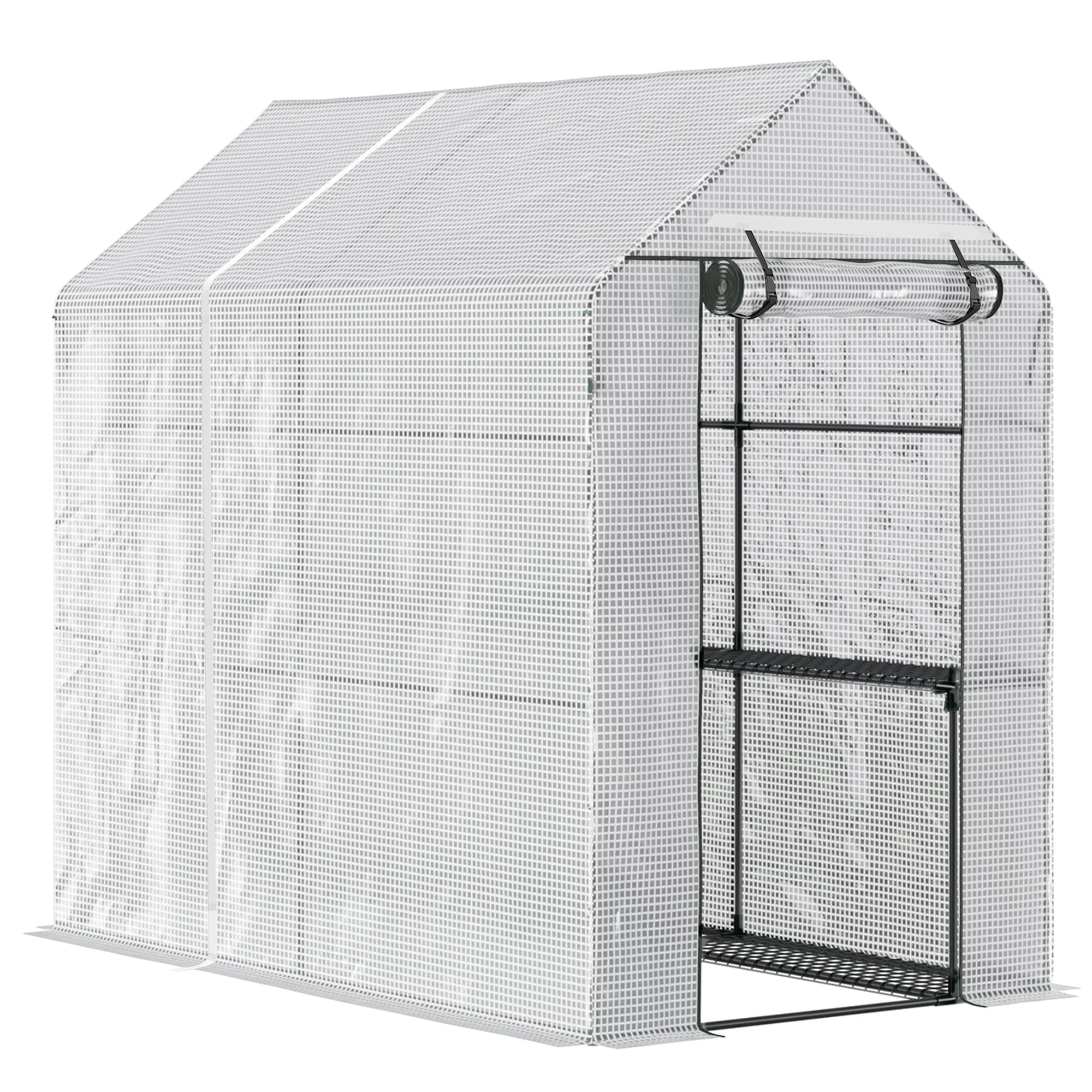 Outsunny Serre de jardin avec Étagère 2 niveaux dim. 1,86L x 1,2l x 1,9H m Porte déroulante Acier PE Haute densité 140 g/m2 Transparent Blanc