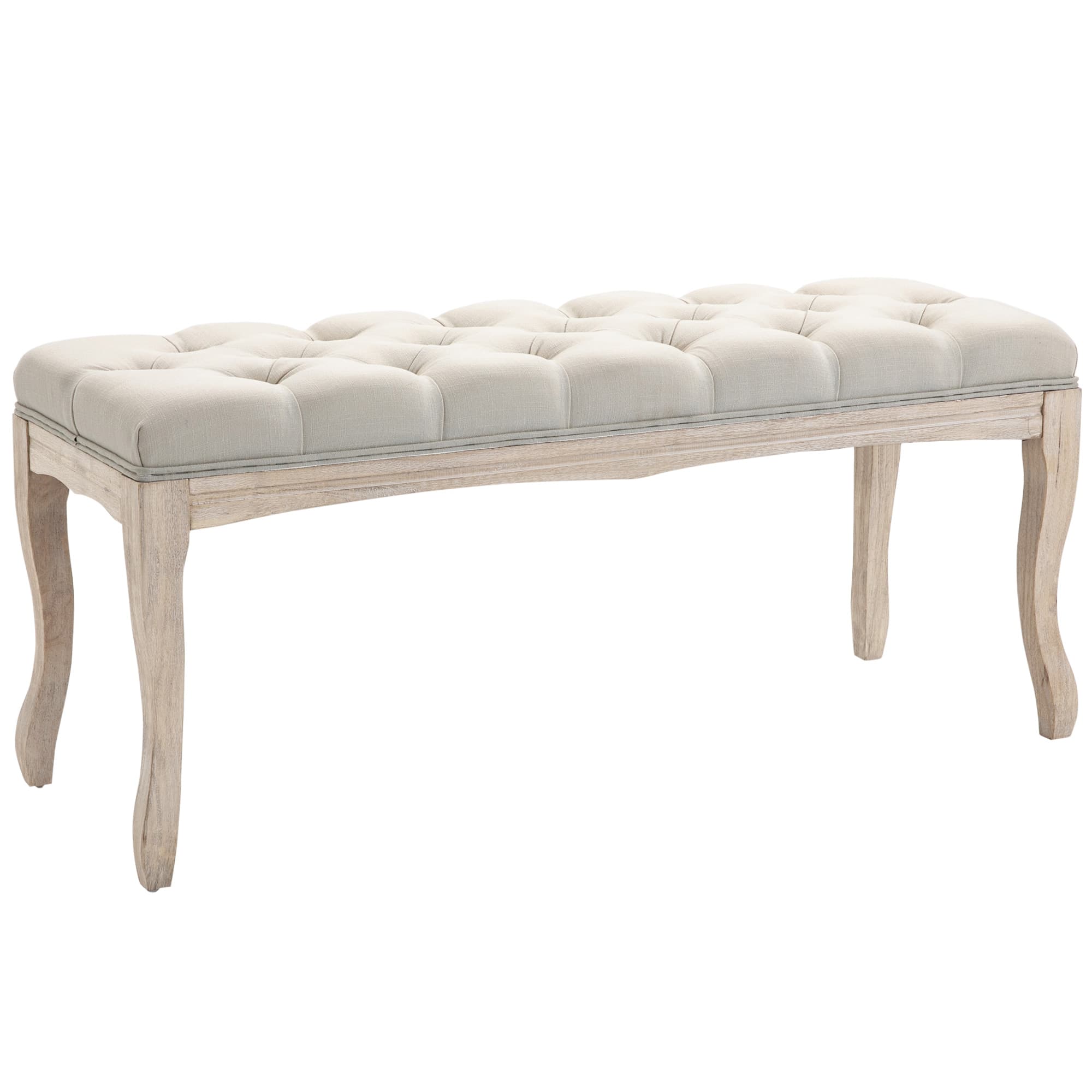 HOMCOM Banc Banquette capitonnée Style Classique 110 cm Bout de lit Rembourrée en lin piètement Bois hévéa sculpté Lin Beige Aosom France