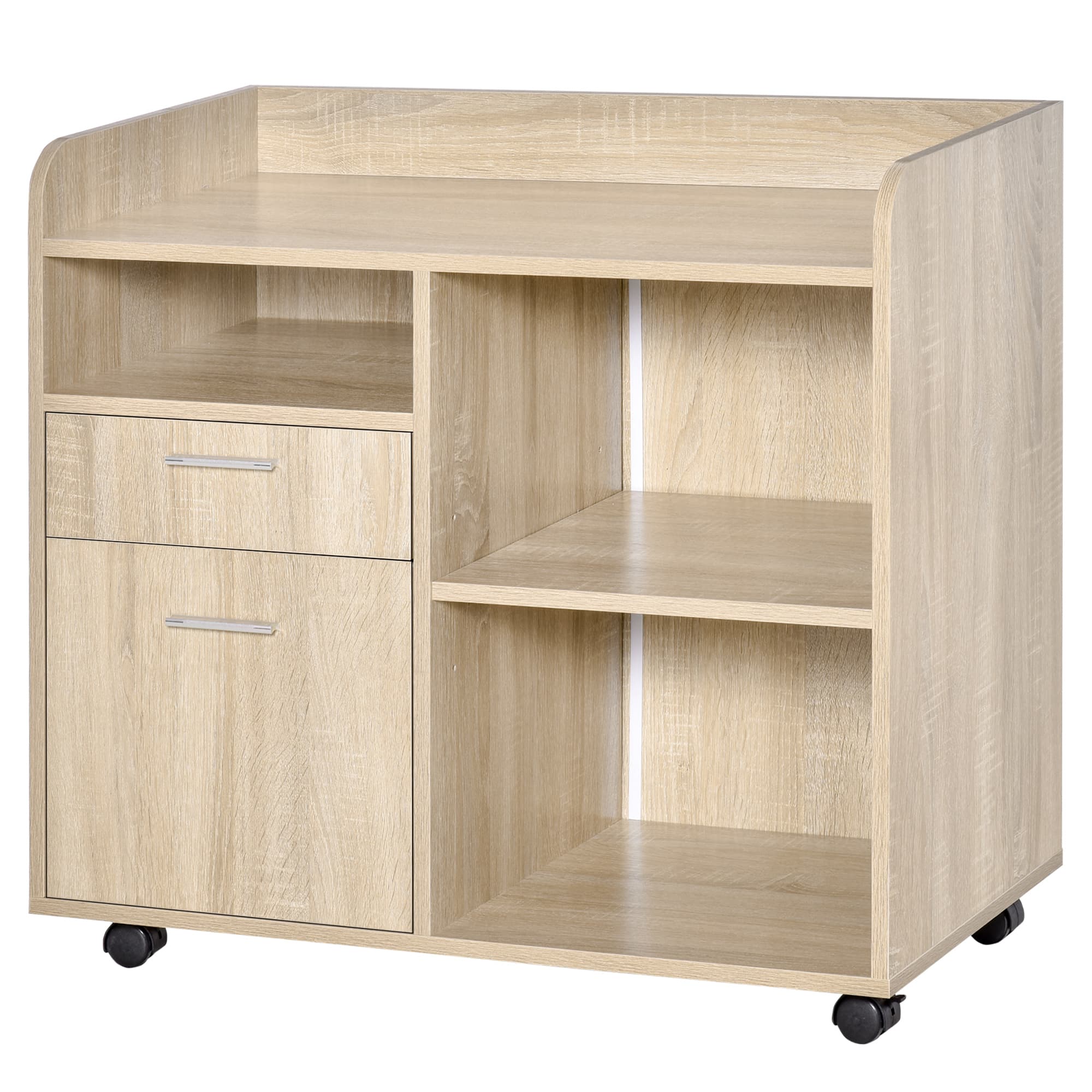 Vinsetto Support d'imprimante caisson placard de bureau mobile étagère réglable 2 tiroirs + 3 niches + grand plateau panneaux particules chêne