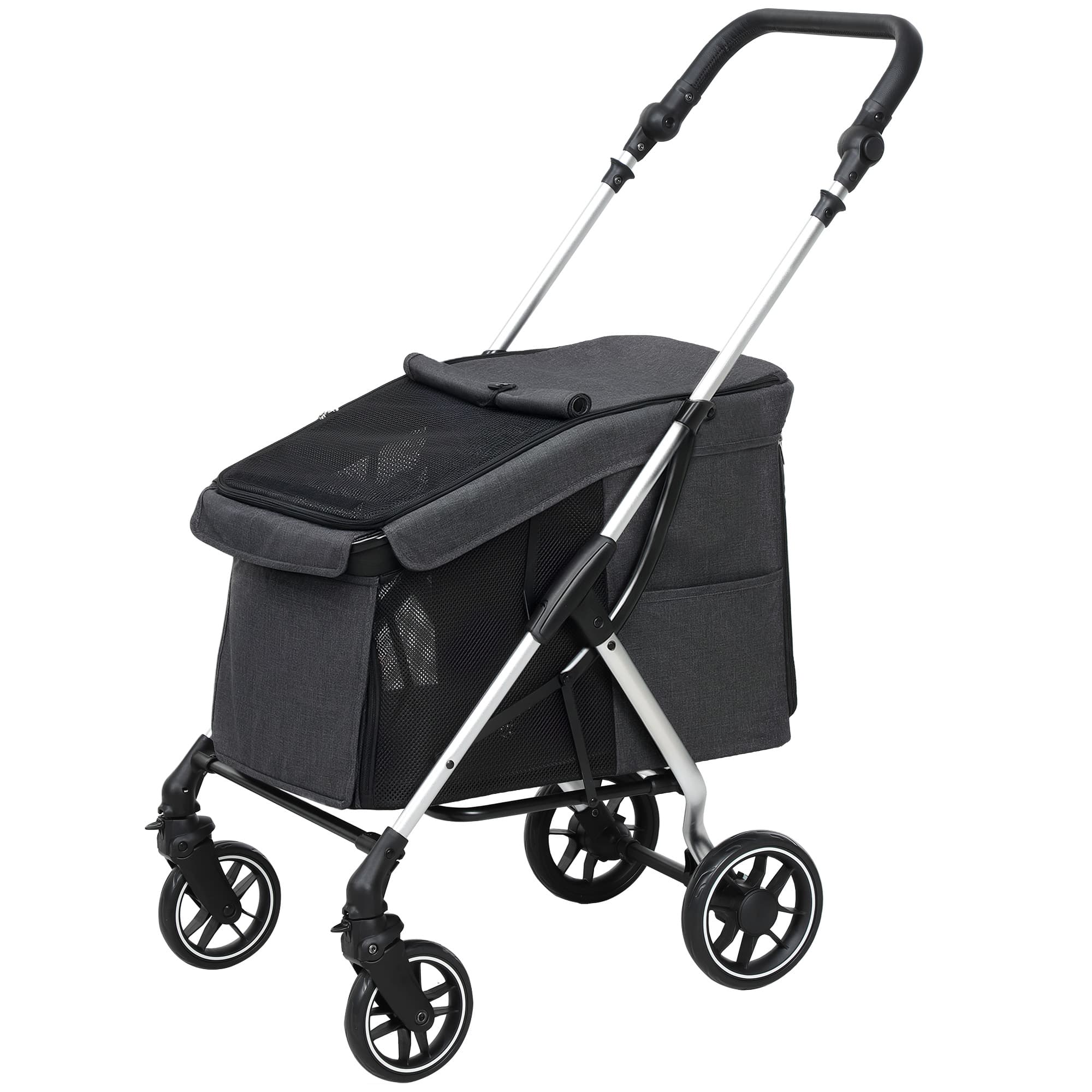 PawHut Poussette pour chien 4 roues légère et pliable, coussin lavable, laisse de sécurité, fenêtre à mailles multiples, gris