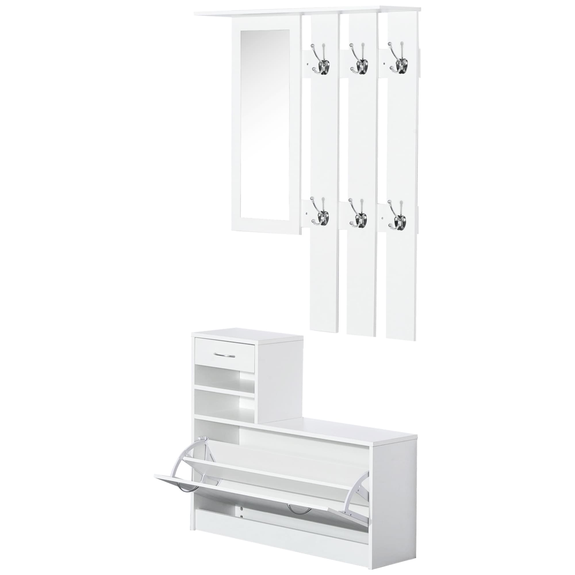 Homcom Ensemble de meubles d'entrée design contemporain meuble chaussures miroir et panneau porte-manteau panneaux de particules blanc aosom