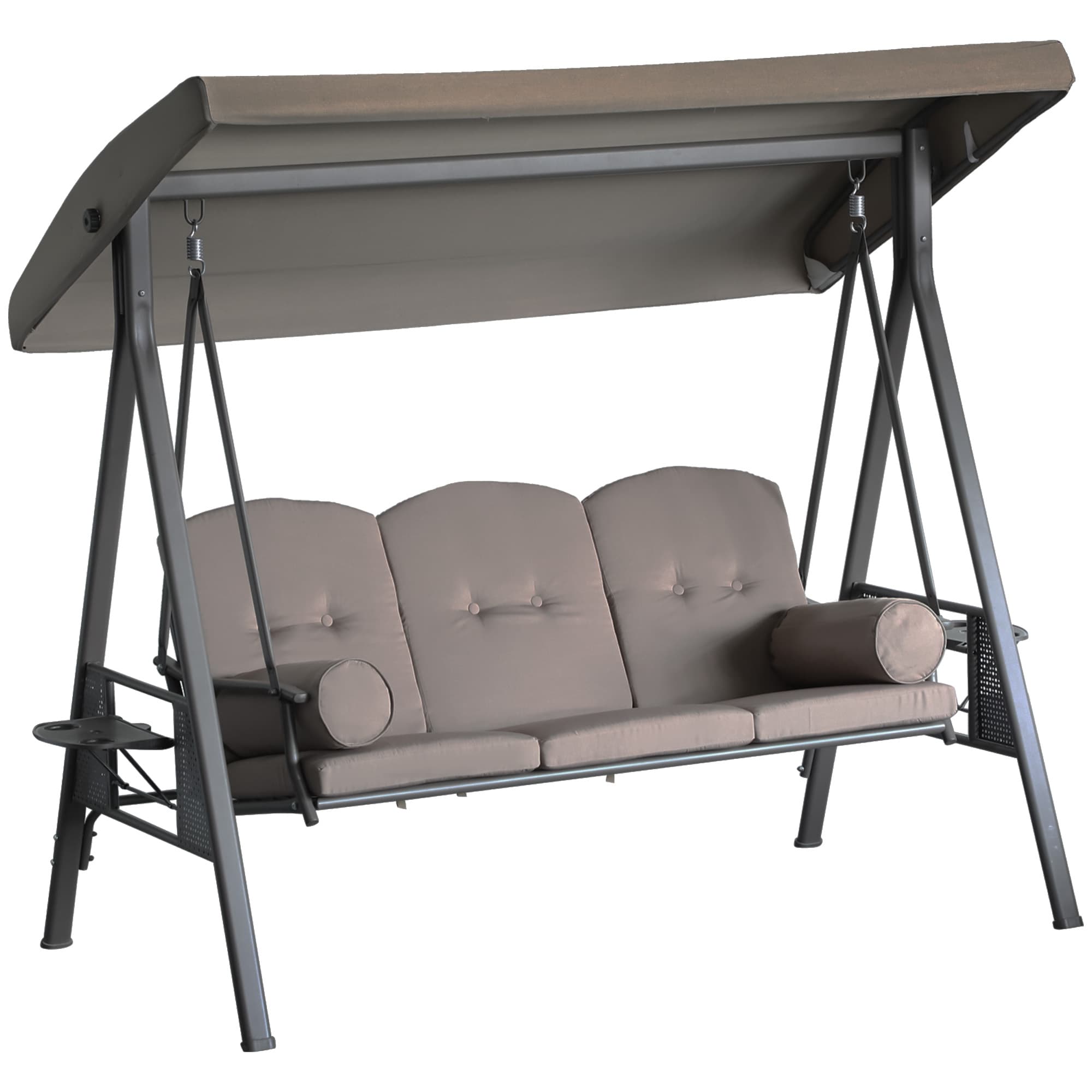 Outsunny Balancelle de jardin 3 places style néo-rétro toit inclinaison réglable coussins plateaux rétractables polyester filé brun Aosom France