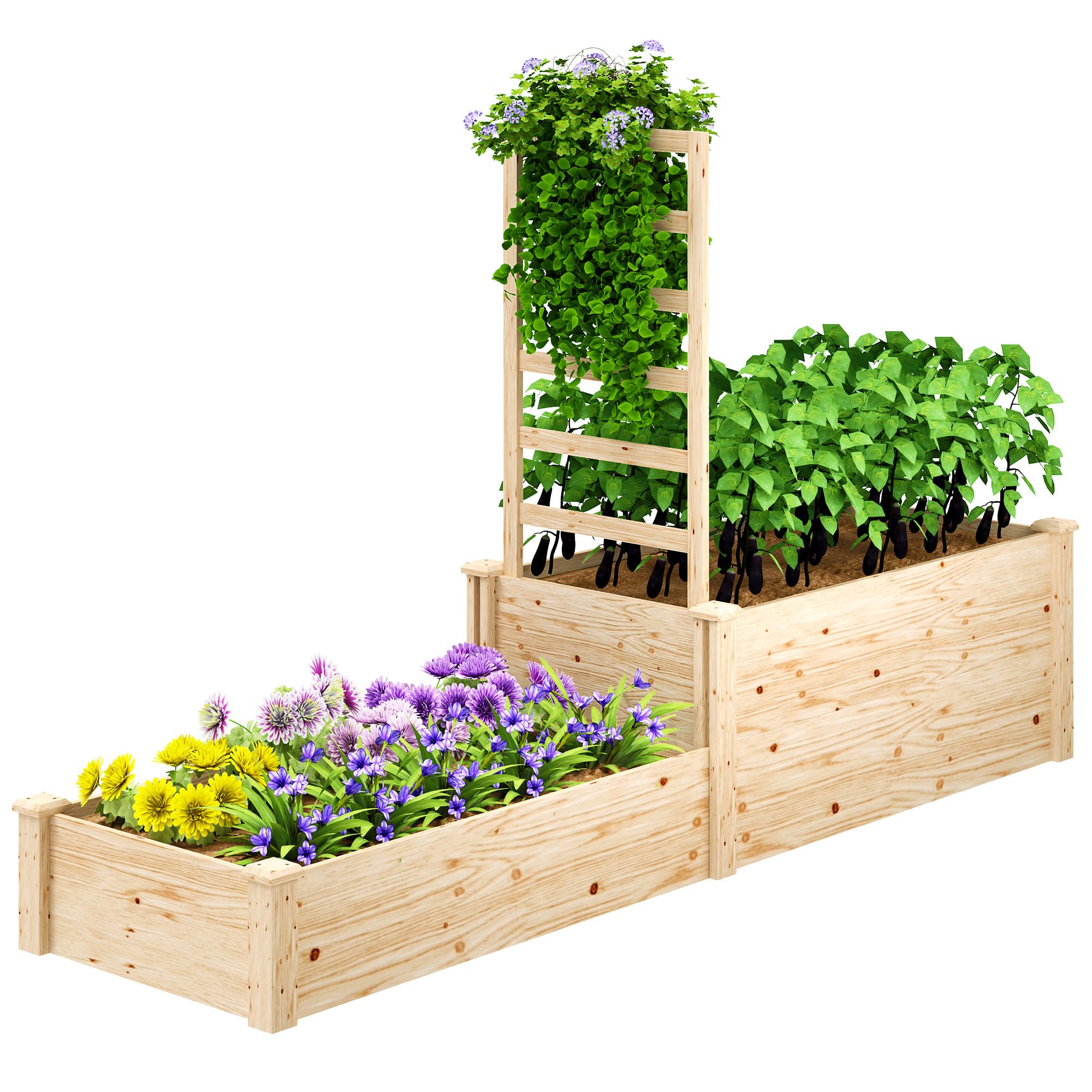 Outsunny Jardinière avec treillis à 2 bacs avec fond ouvert, pour balcon terrasse patio, 222 x 63 x 132 cm, bois naturel