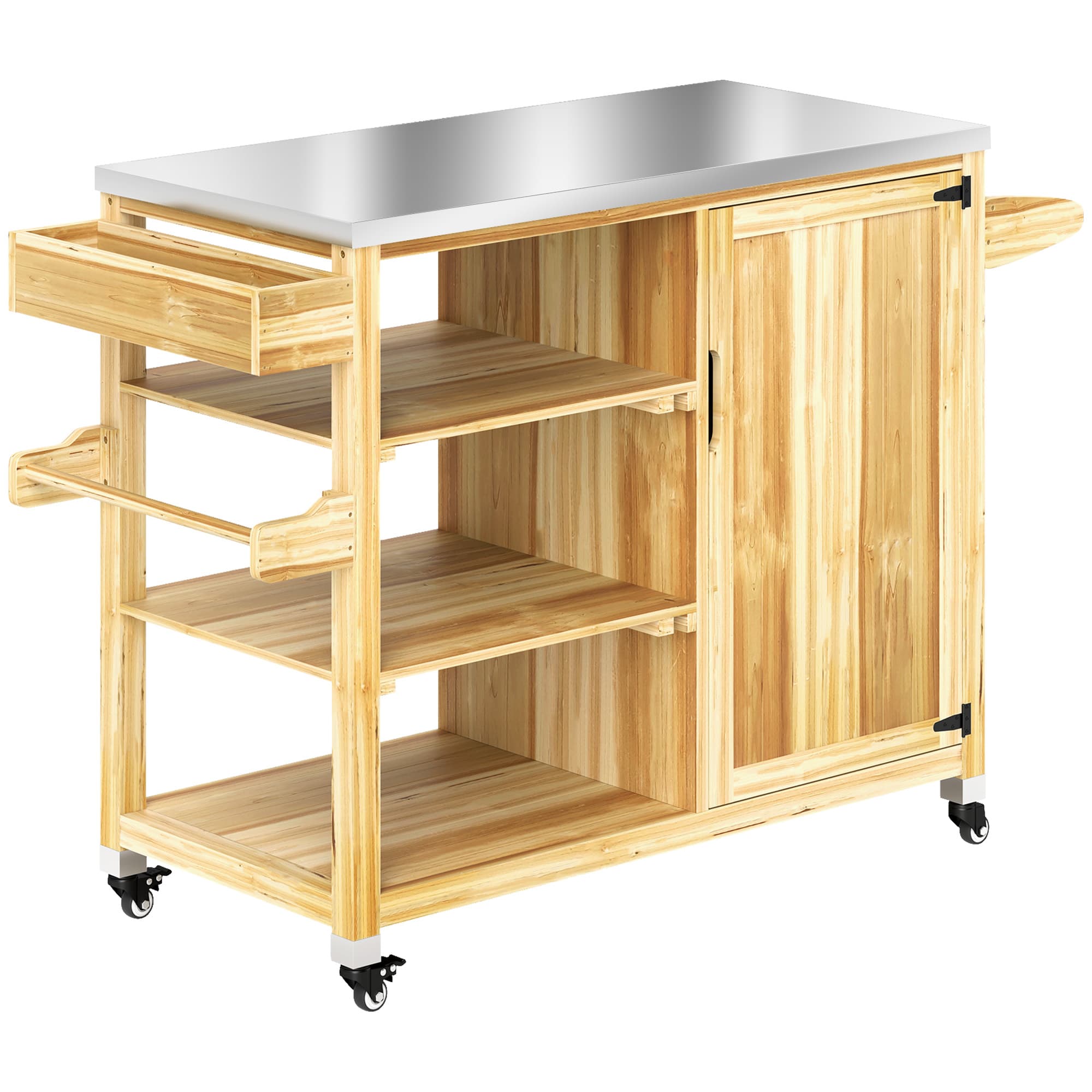Outsunny Îlot de cuisine extérieur, Chariot de grill avec armoire et étagères, Chariot de cuisine en bois et acier inoxydable, avec roulettes, Bois naturel