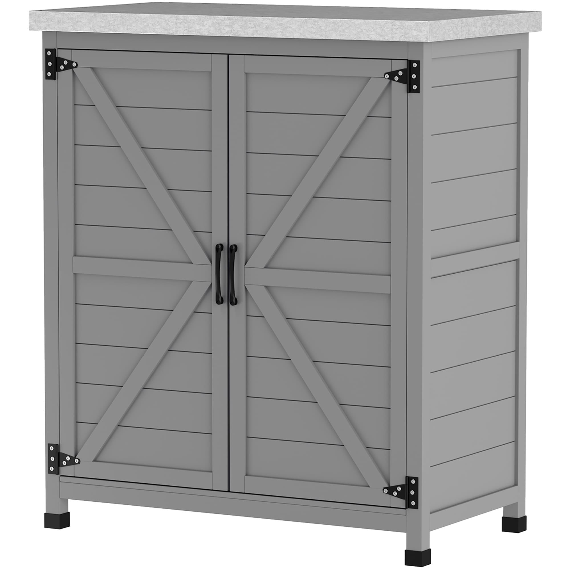 Outsunny Armoire de jardin, armoire extérieure avec plan de travail, armoire à outils, bois massif, acier, 79L x 43l x 92H cm, Gris