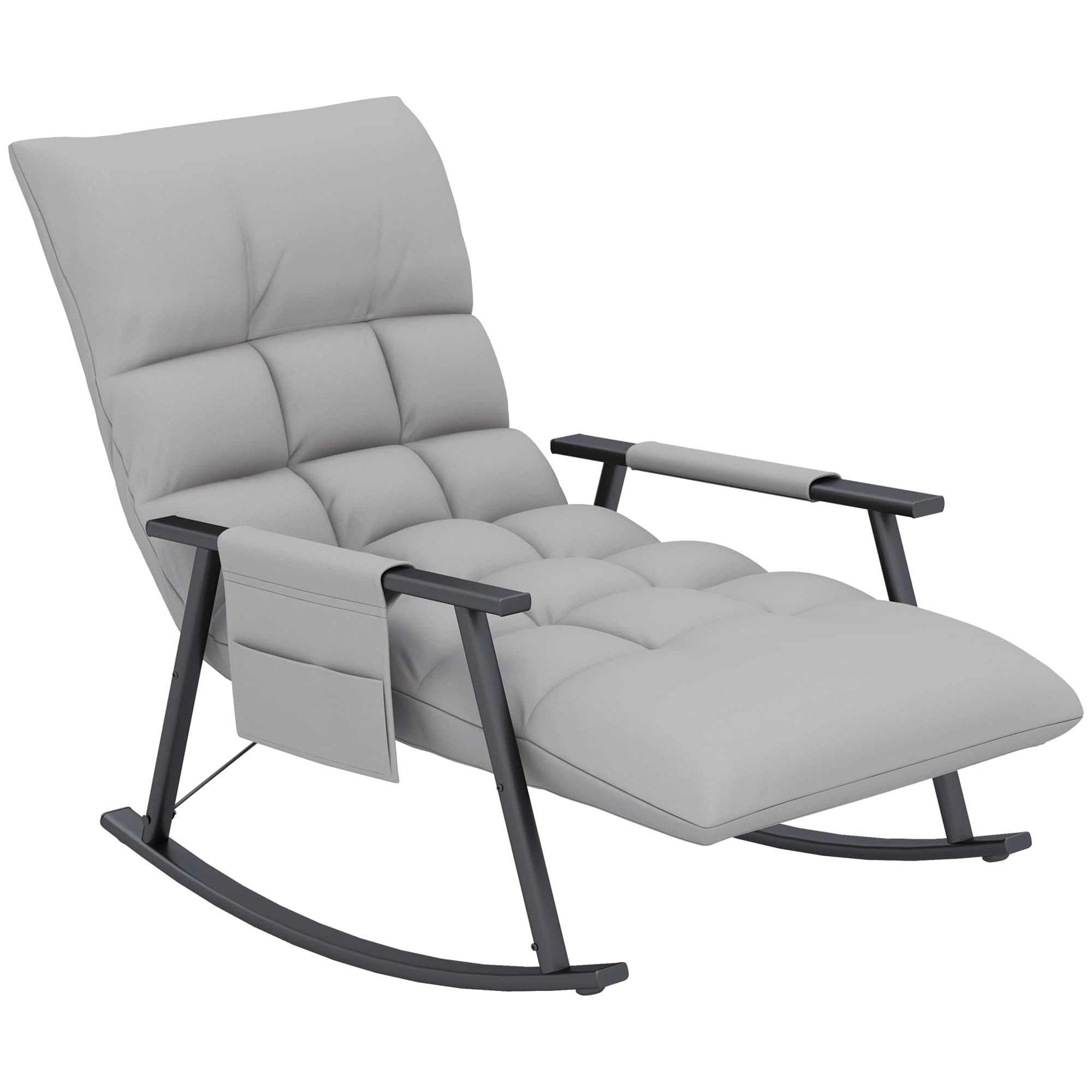 HOMCOM Fauteuil à bascule, dossier et repose-pieds réglables, poche latérale, revêtement en microfibre, cadre métallique, gris