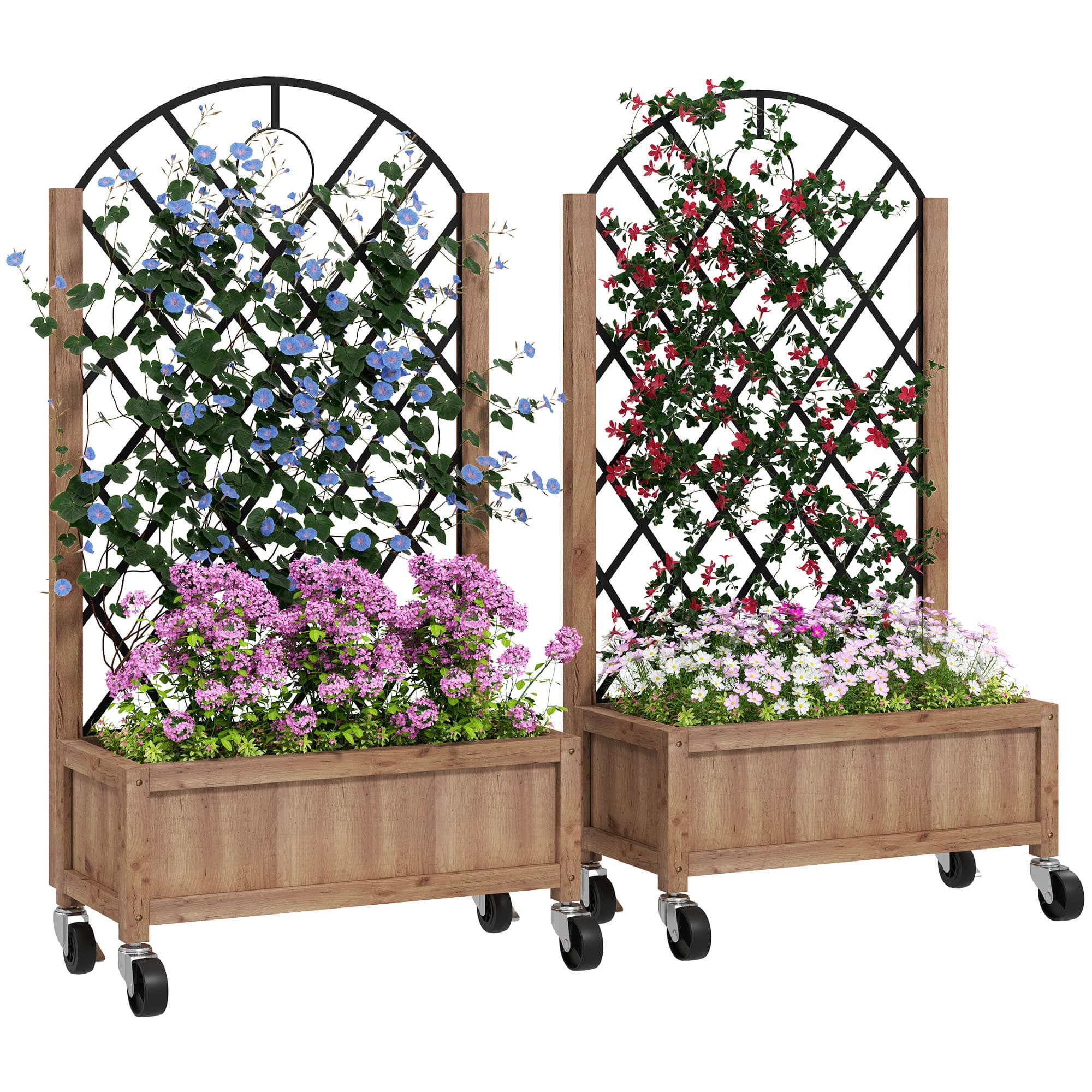 Outsunny Ensemble de 2 bacs surélevés avec treillis, roulettes, treillis en bois pour plantes 152x25x97cm Marron