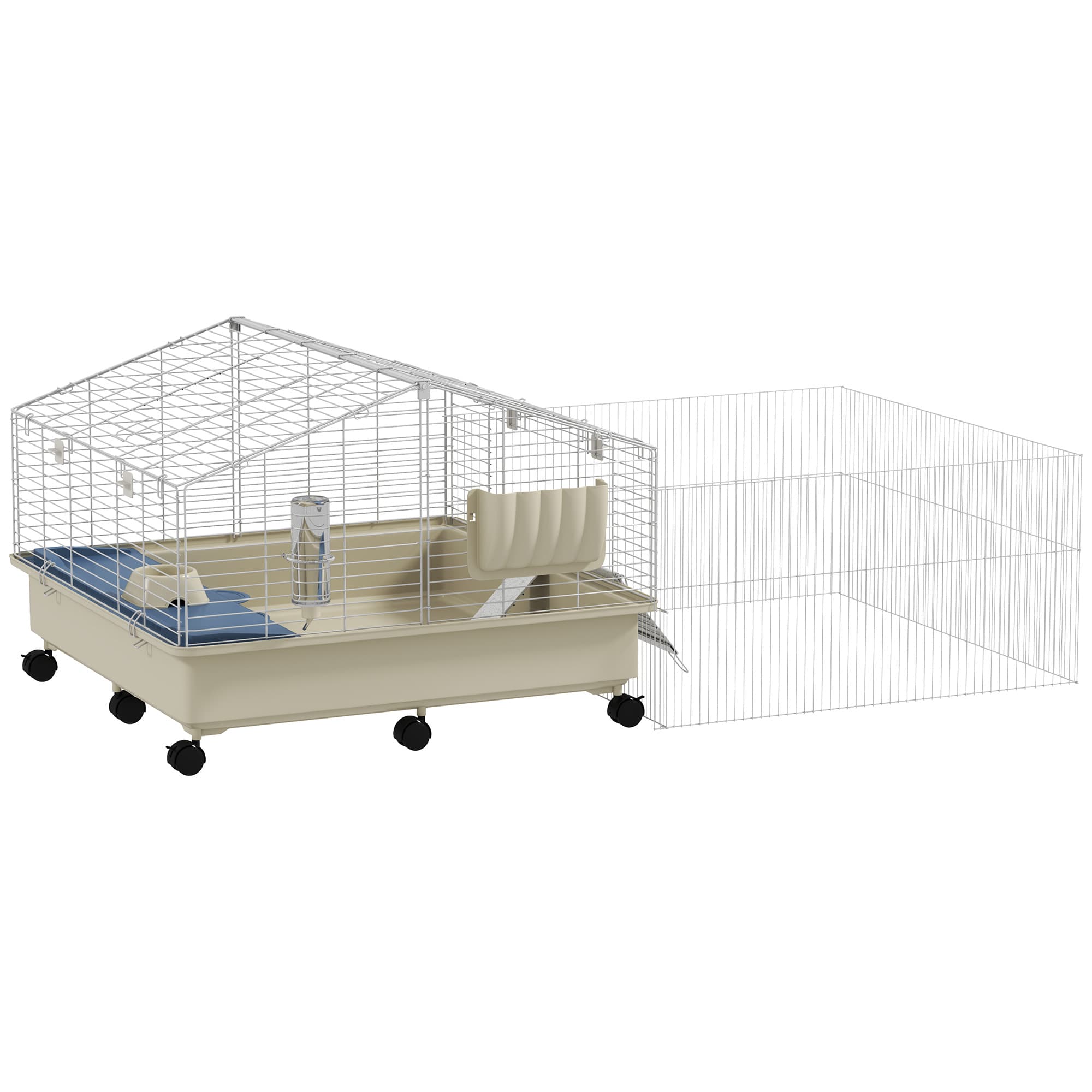 PawHut Cage pour petits animaux, balcon, rampe, mangeoire, bouteille d'eau, design à 2 étages, blanc