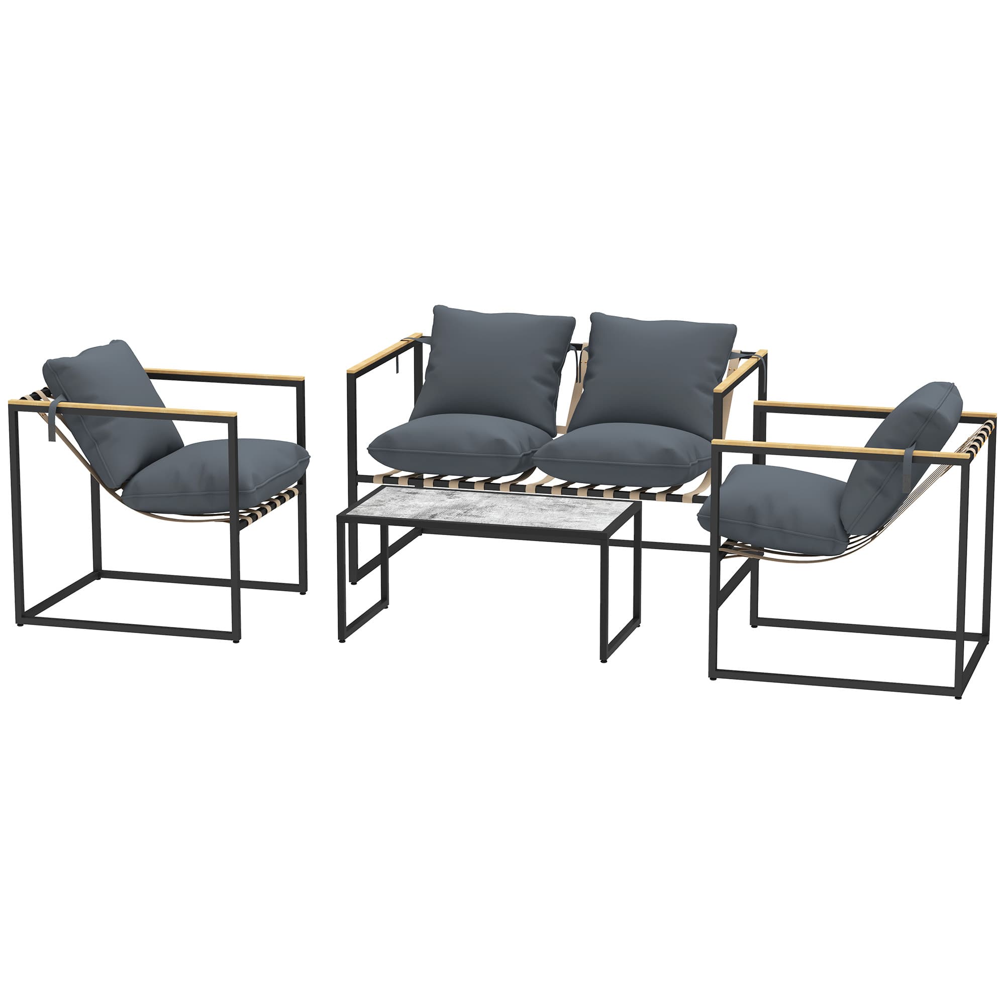 Outsunny Ensemble de meubles de jardin 4 pièces, ensemble de mobilier extérieur, 2 fauteuils, canapé 2 places, 1 table, rembourré, acier, polyester, gris