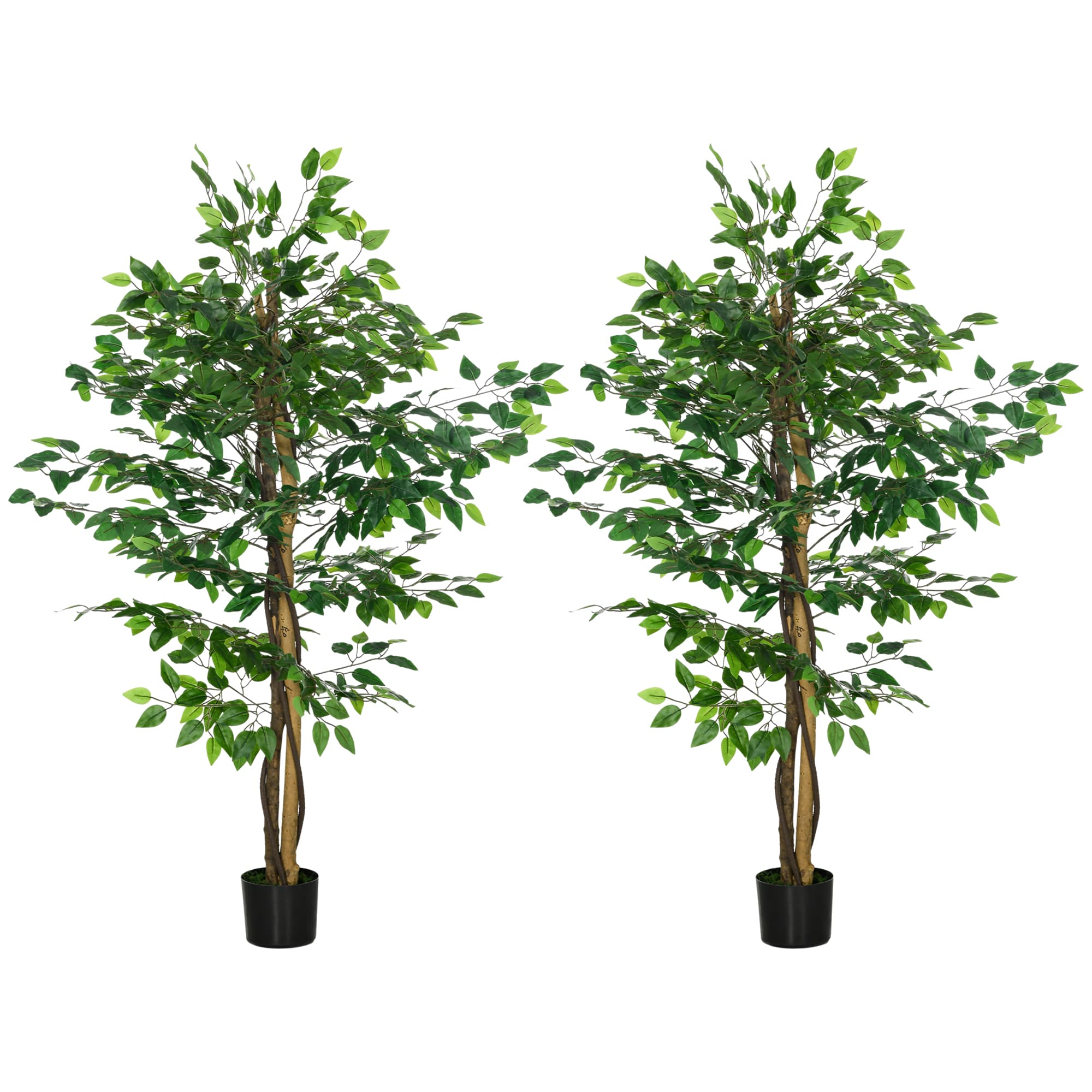 HOMCOM Lot de 2 plantes artificielles ficus hauteur 1,50 m tronc branches liane lichen feuilles grand réalisme pot inclus vert