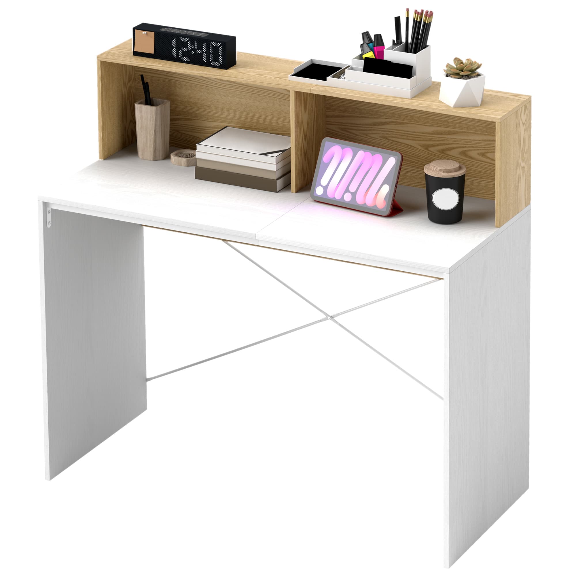 HOMCOM Bureau avec rangement 110 x 50 cm, 2 compartiments ouverts et étagère de rangement, blanc et naturel
