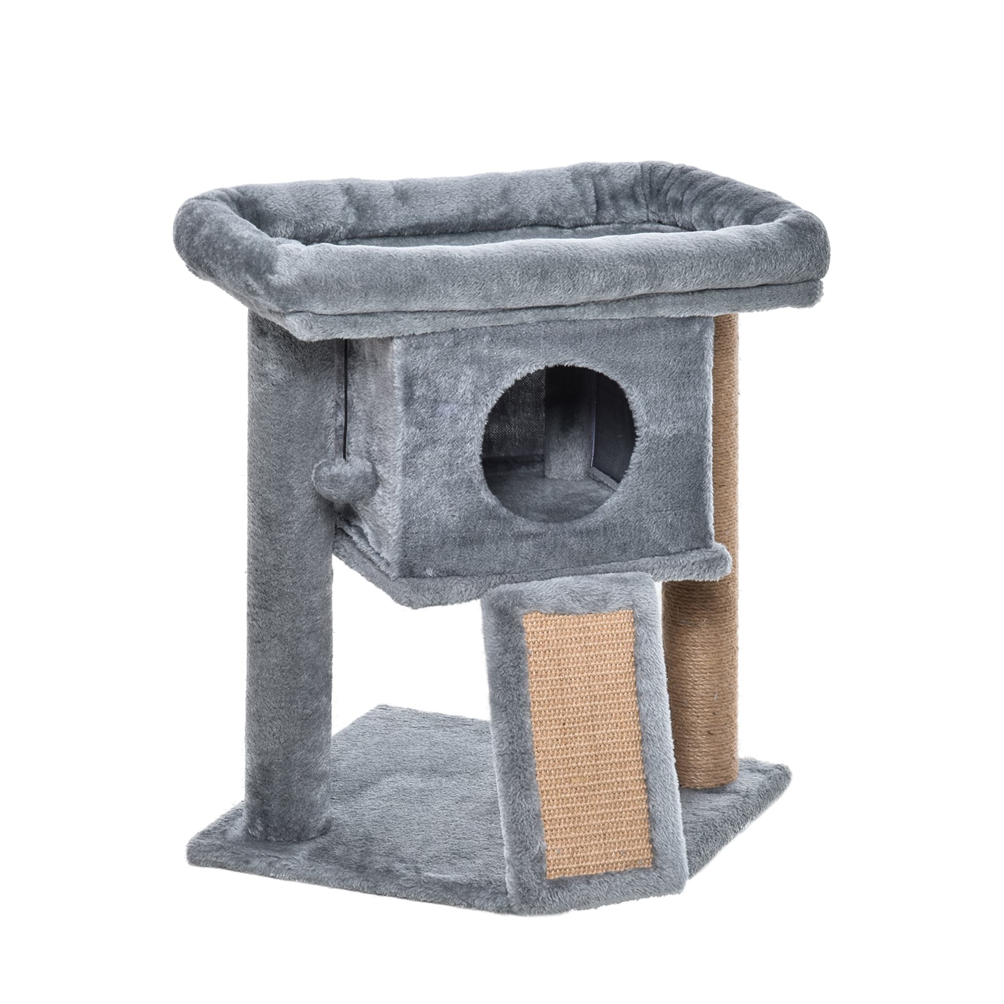 PawHut Arbre à chat hauteur de 57 cm avec griffoir en jute, niche, plateforme et balle de jeu, en tissu peluche gris clair