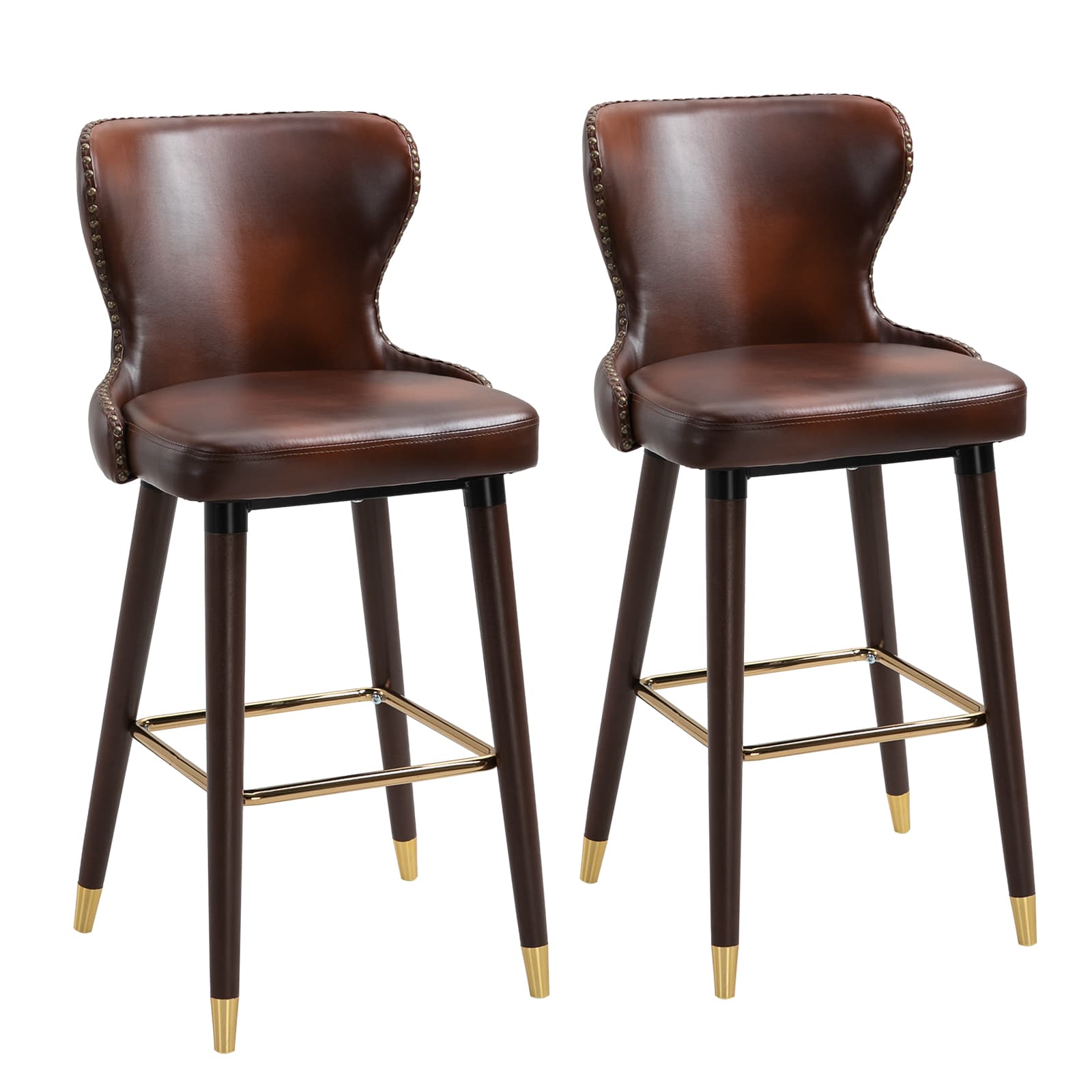 HOMCOM Lot de 2 tabourets de bar avec repose-pieds, tabouret de bar avec dossier, tabouret de bistro, chaise de salle à manger, tabouret de comptoir, cuir synthétique, marron, 52 x 53 x 101 cm