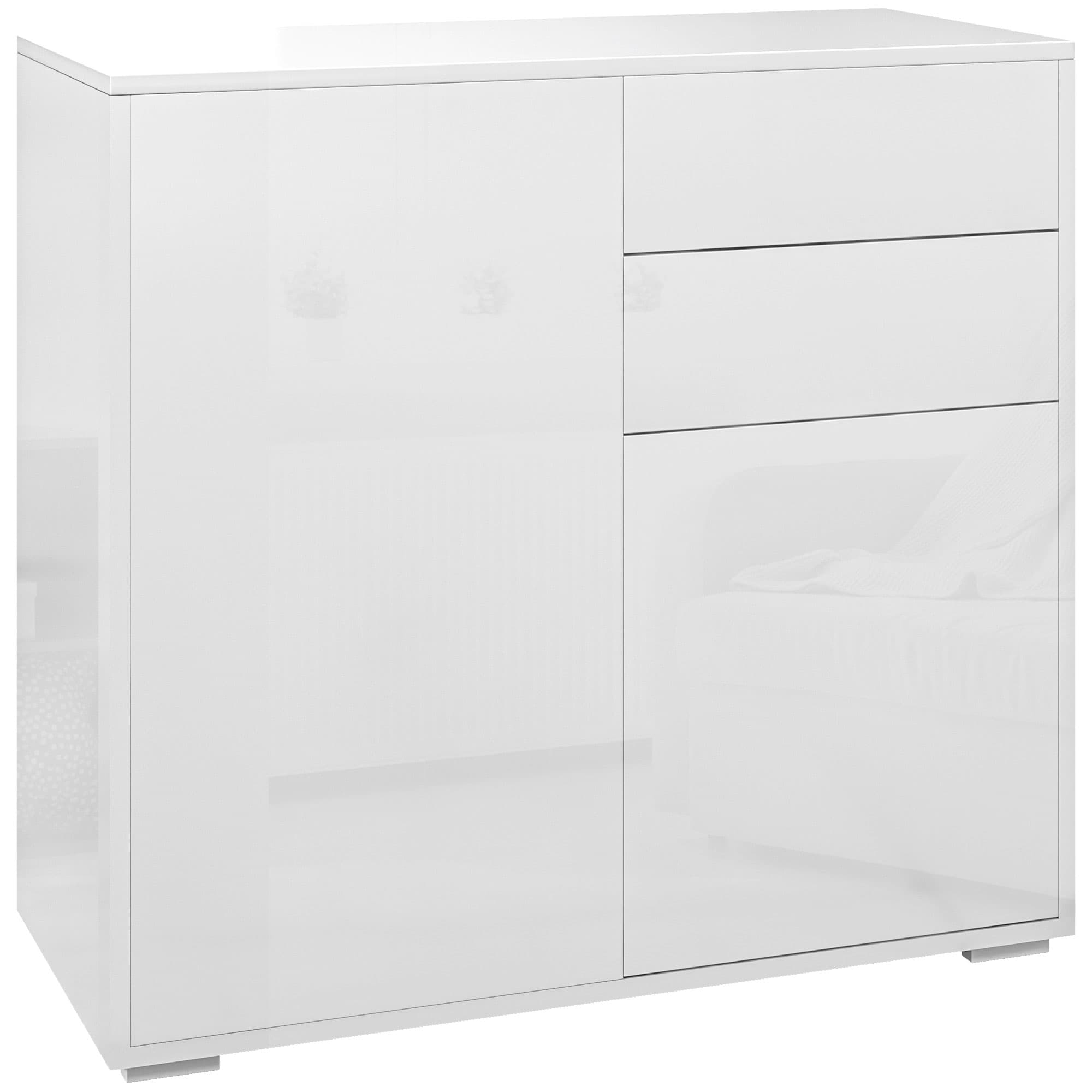 HOMCOM Commode Buffet Meuble de Rangement 2 tiroirs 2 Portes avec étagère 79 x 36 x 74 cm Blanc brillant