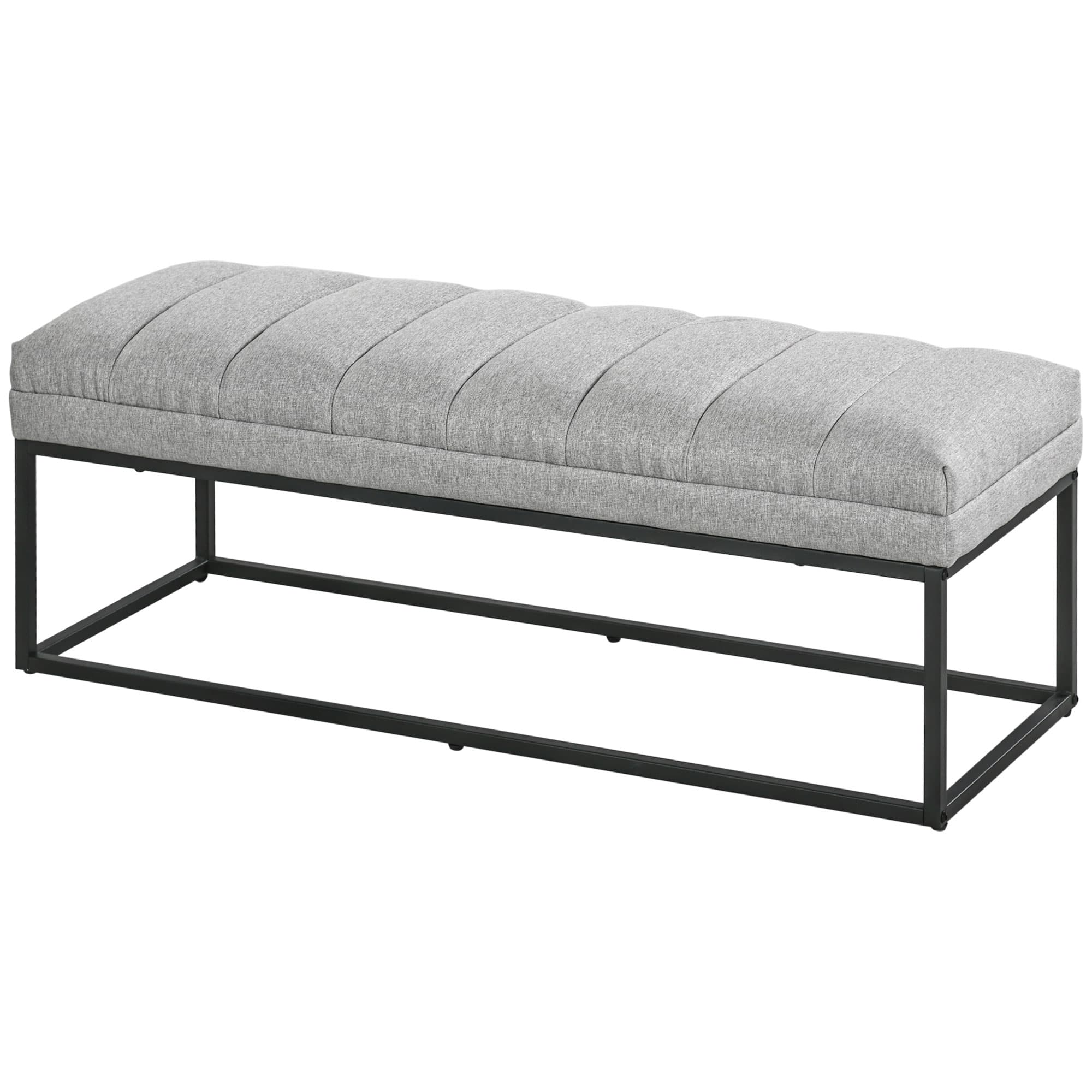 HOMCOM Banc design moderne, assise rembourrée en tissu aspect lin gris et structure en métal noir, charge 200 Kg, 120x44x45,5cm