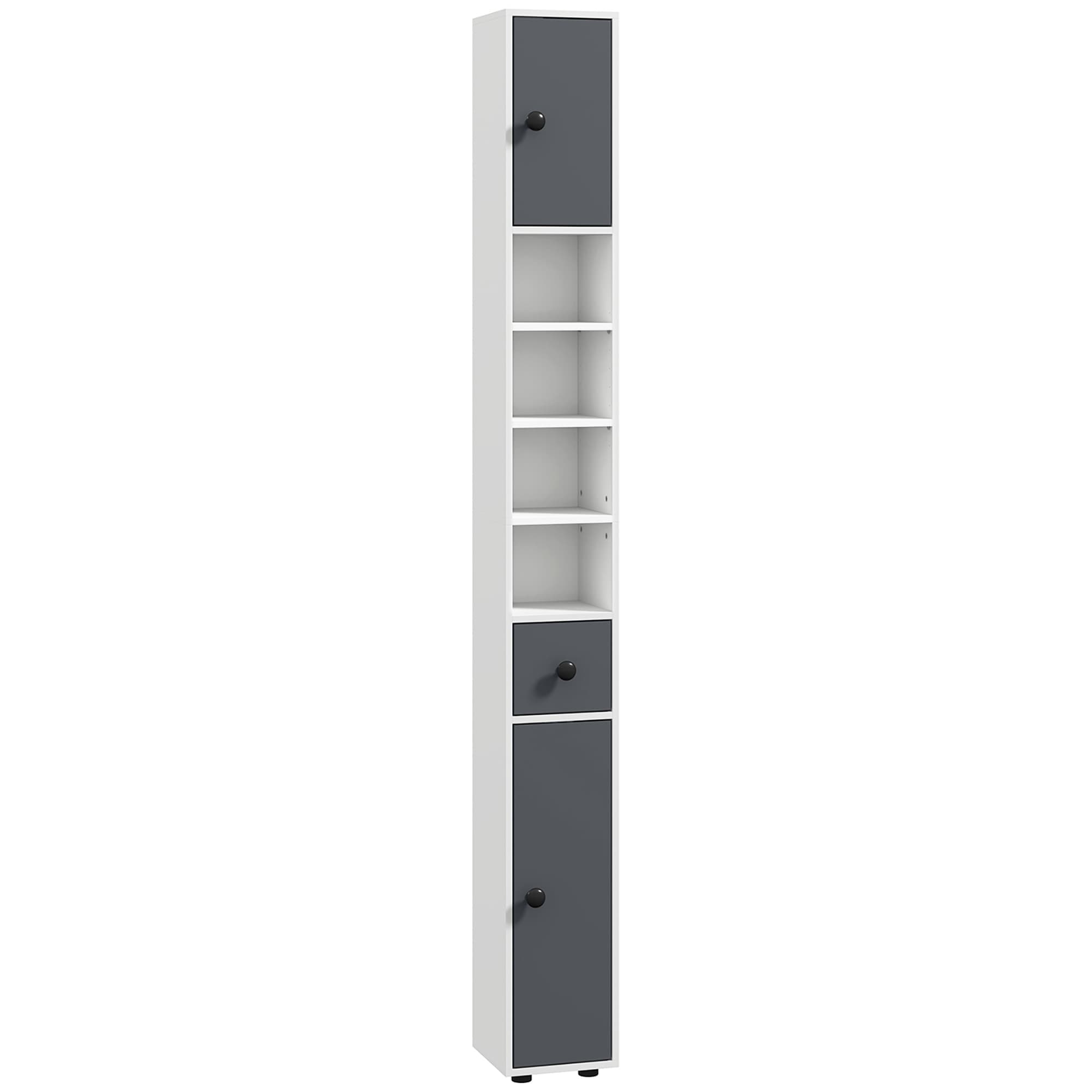 kleankin Colonne de rangement armoire haute pour salle de bain 1 tiroir 4 étagères réglables et 2 placards 20 x 20 x 180 cm gris