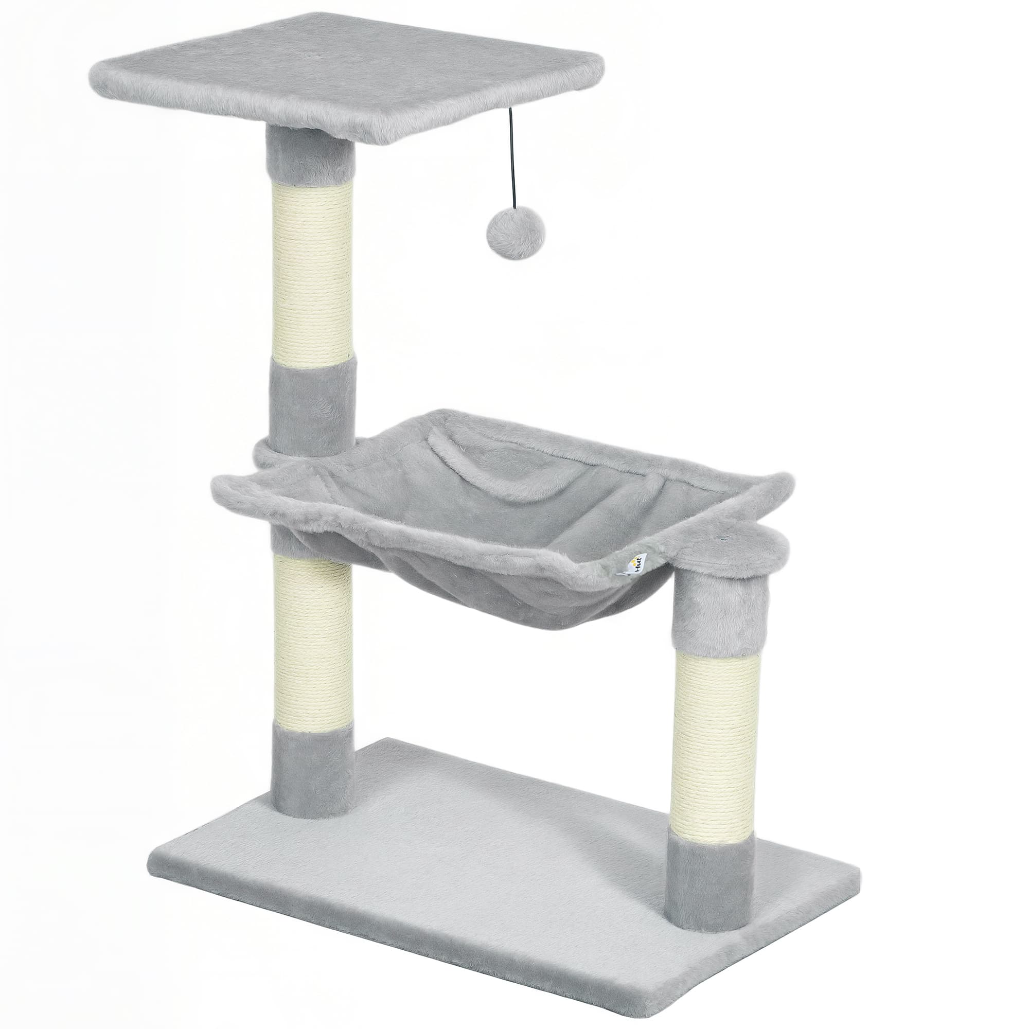 PawHut Arbre à chat 3 griffoirs grattoirs sisal naturel plateforme hamac et boule suspendue 50 x 26 x 70 cm peluche courte gris