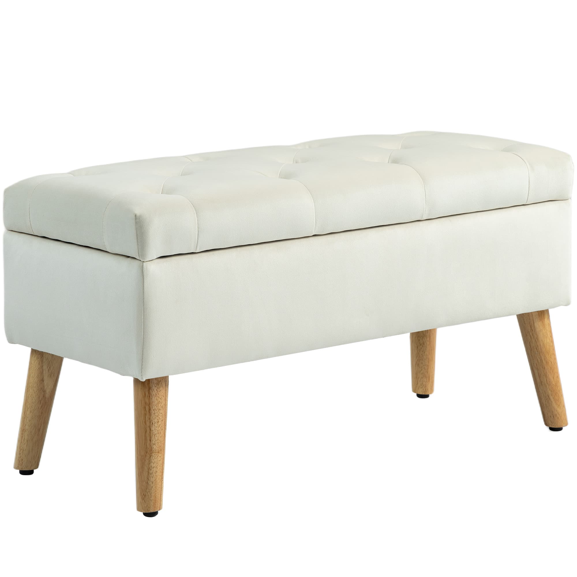 HOMCOM Banc de rangement coffre de rangement tissu effet velours pieds en bois charge max. 120 kg 80 x 35 x 40 cm, crème