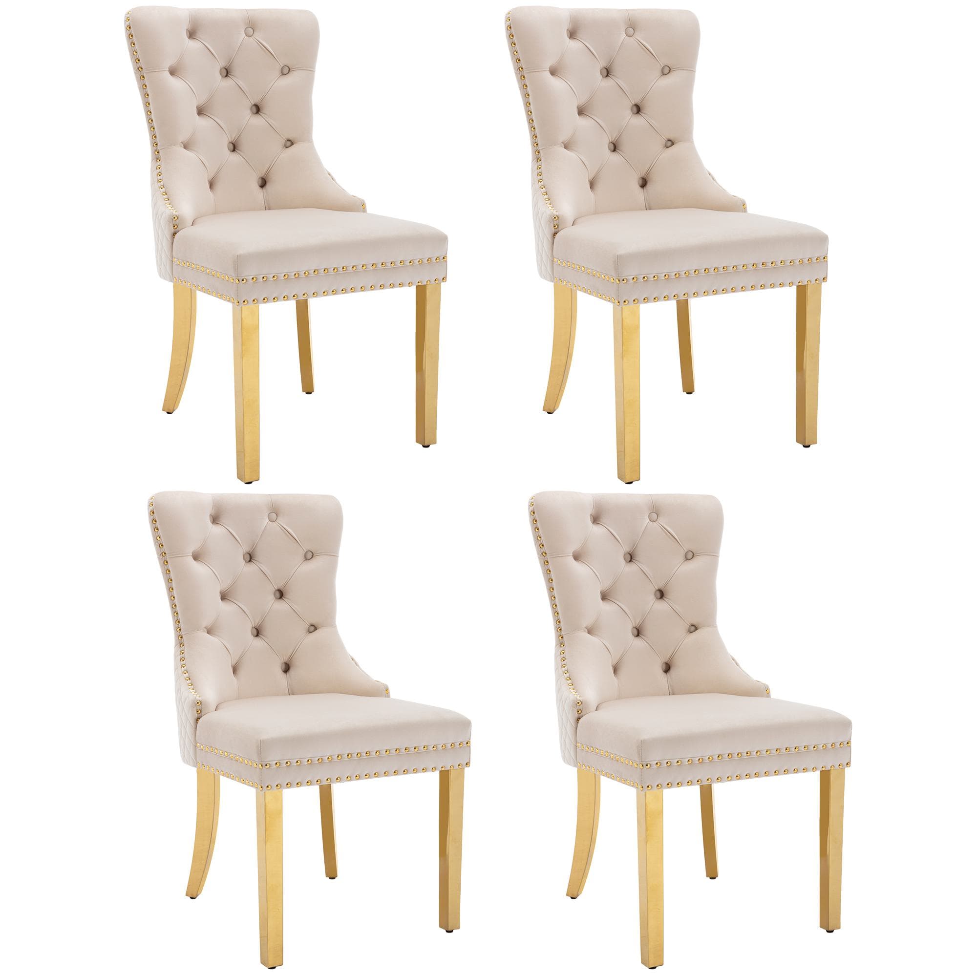 Ensemble de 4 chaises de salle à manger, chaises rembourrées avec garniture à clous, 51 x 65,5 x 95 cm, Beige