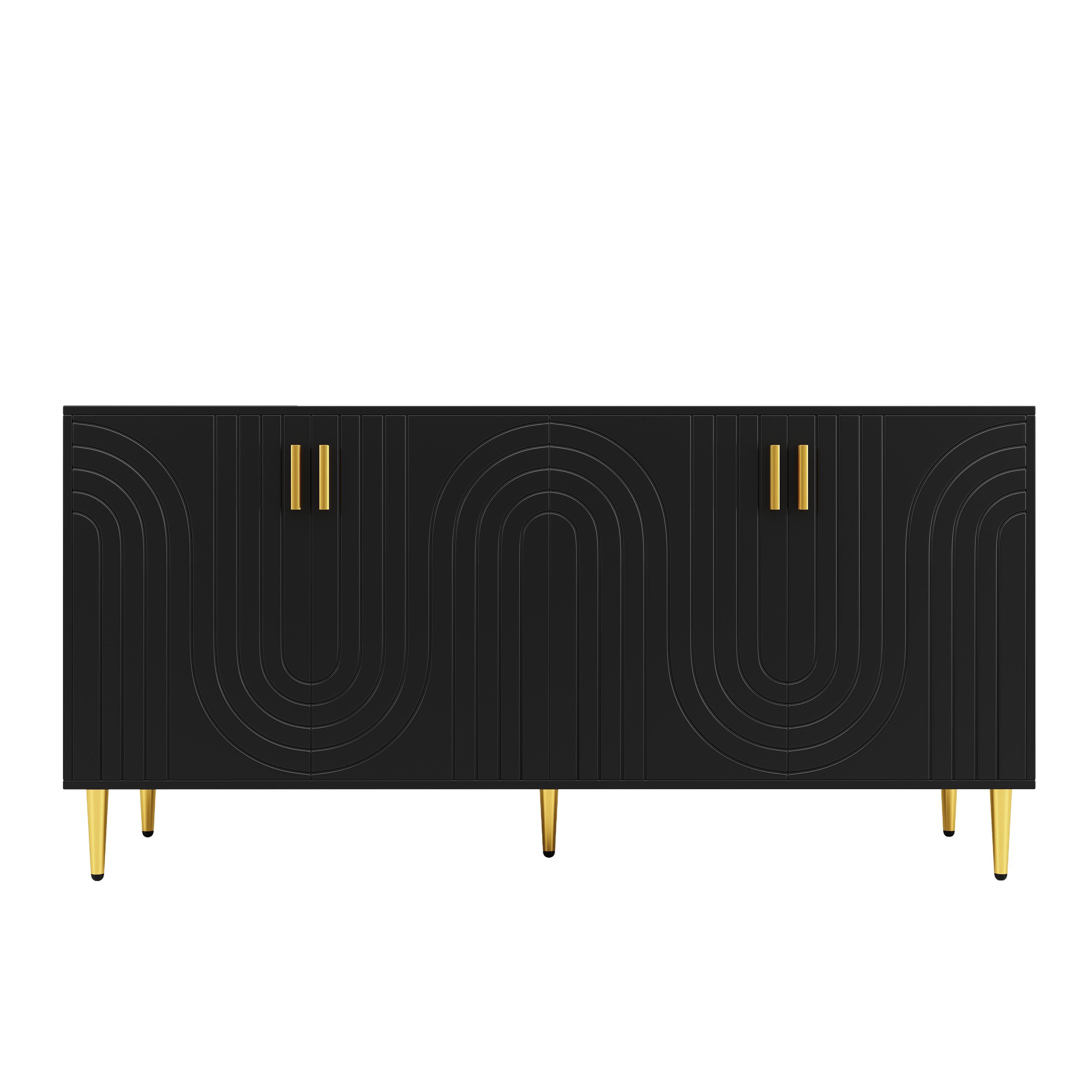 Buffet avec un design ondulé unique, poignées et pieds dorés, 152×40×75 cm, Noir