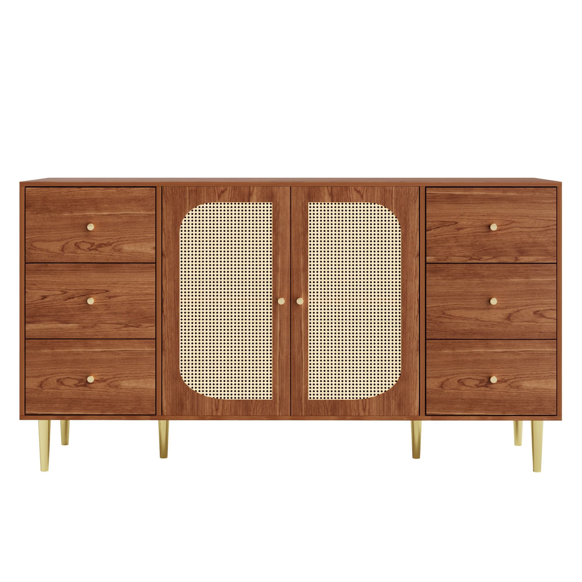Buffet moderne en rotin, Crédence cuisine avec 6 tiroirs, 160×40×90 cm, Marron Aosom France