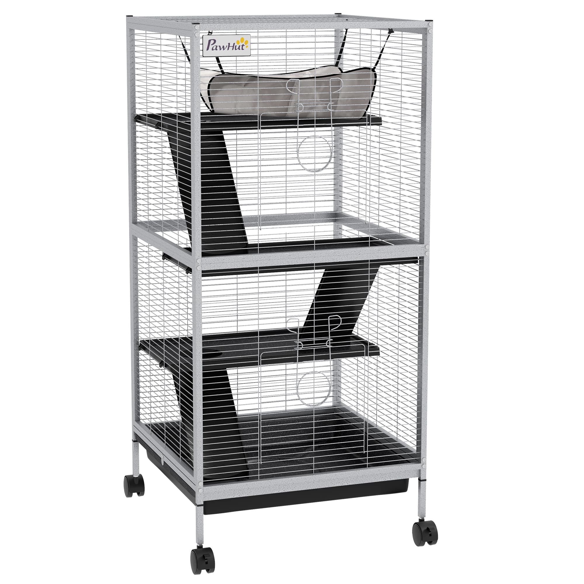 PawHut Cage pour Petits Animaux Portable à 4 Niveaux avec Roulettes, 2 Portes, 3 Rampes, Hamac et Plateau Amovible