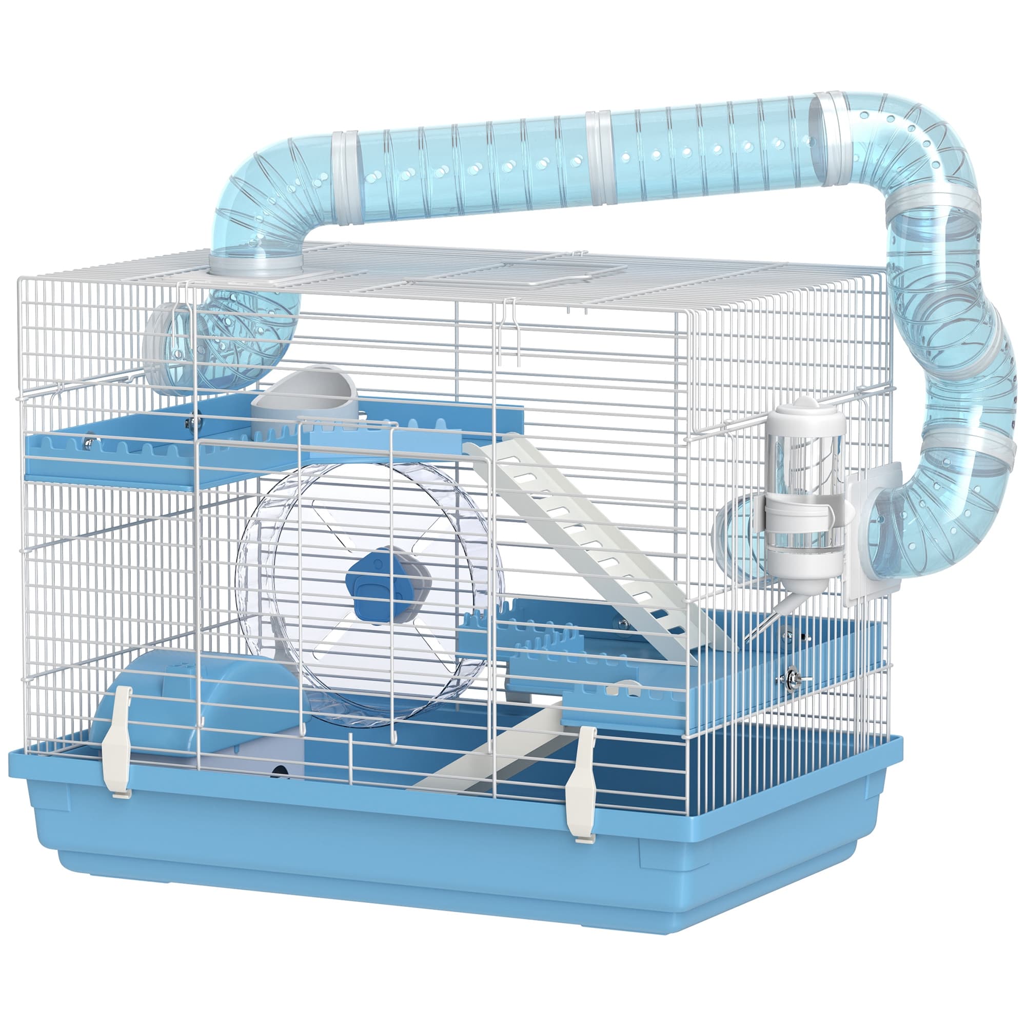 PawHut Cage pour hamster portable avec cabane, roue de course, gamelle, bouteille d'eau, 47,5 x 31,5 x 29,5 cm, bleu clair