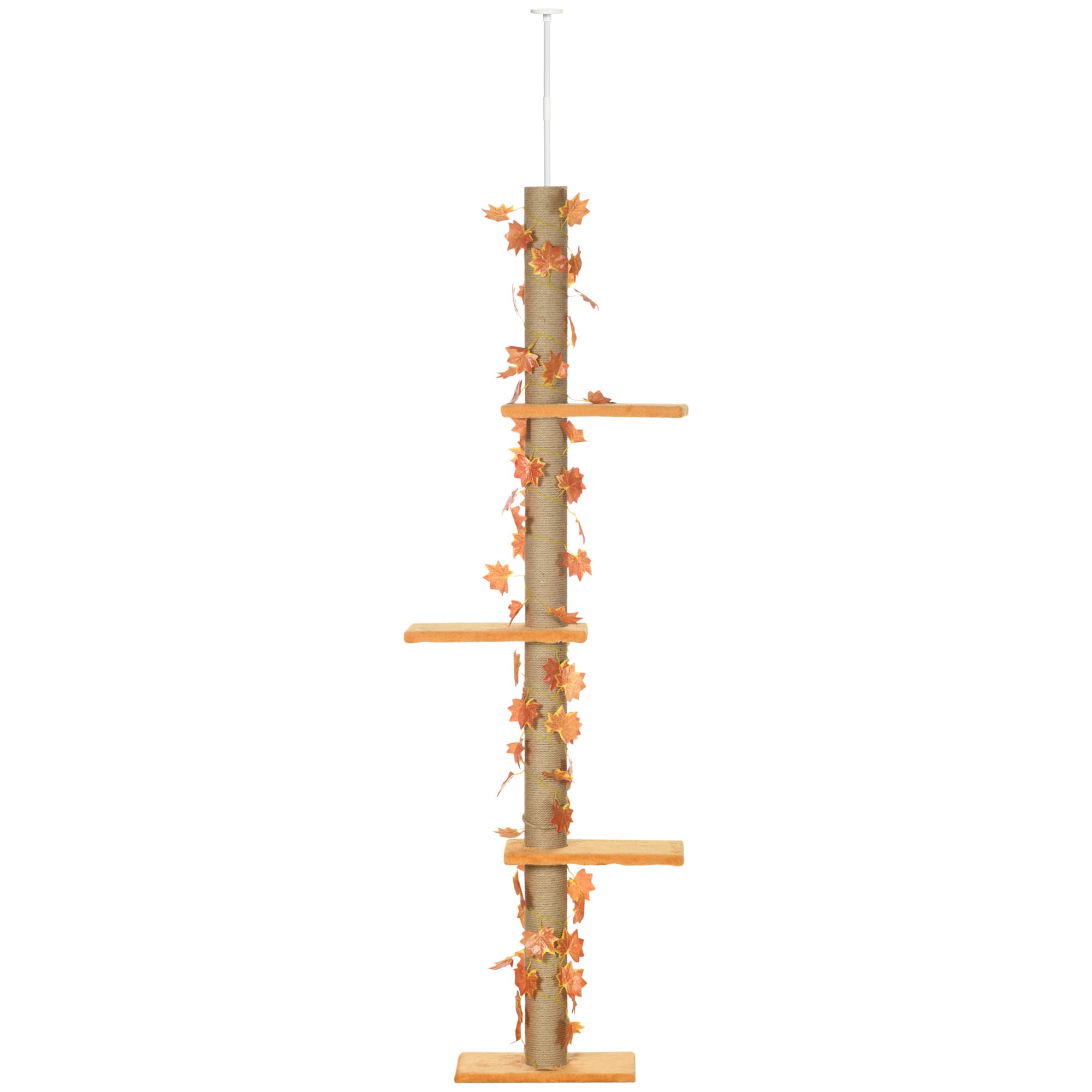 PawHut Arbre à chat hauteur réglable 202-242 cm avec feuilles décoratif, griffoir et plateformes en tissu peluche orange
