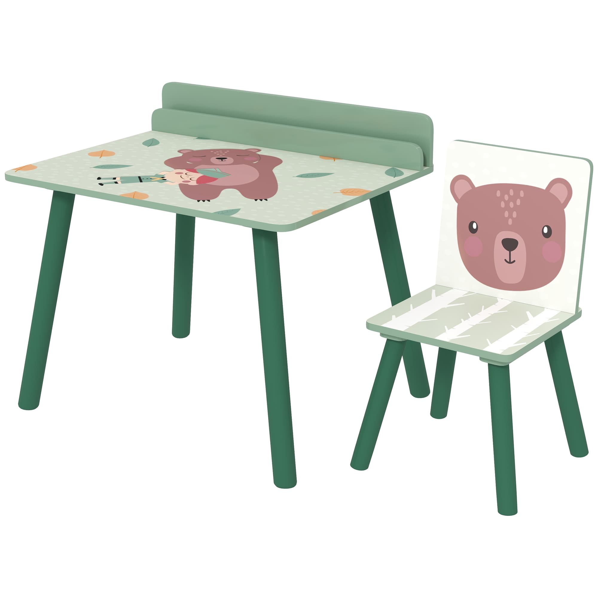 AIYAPLAY Ensemble Table et Chaise pour Enfants avec Étagère de Rangement, en MDF et Bois de Pin, Vert