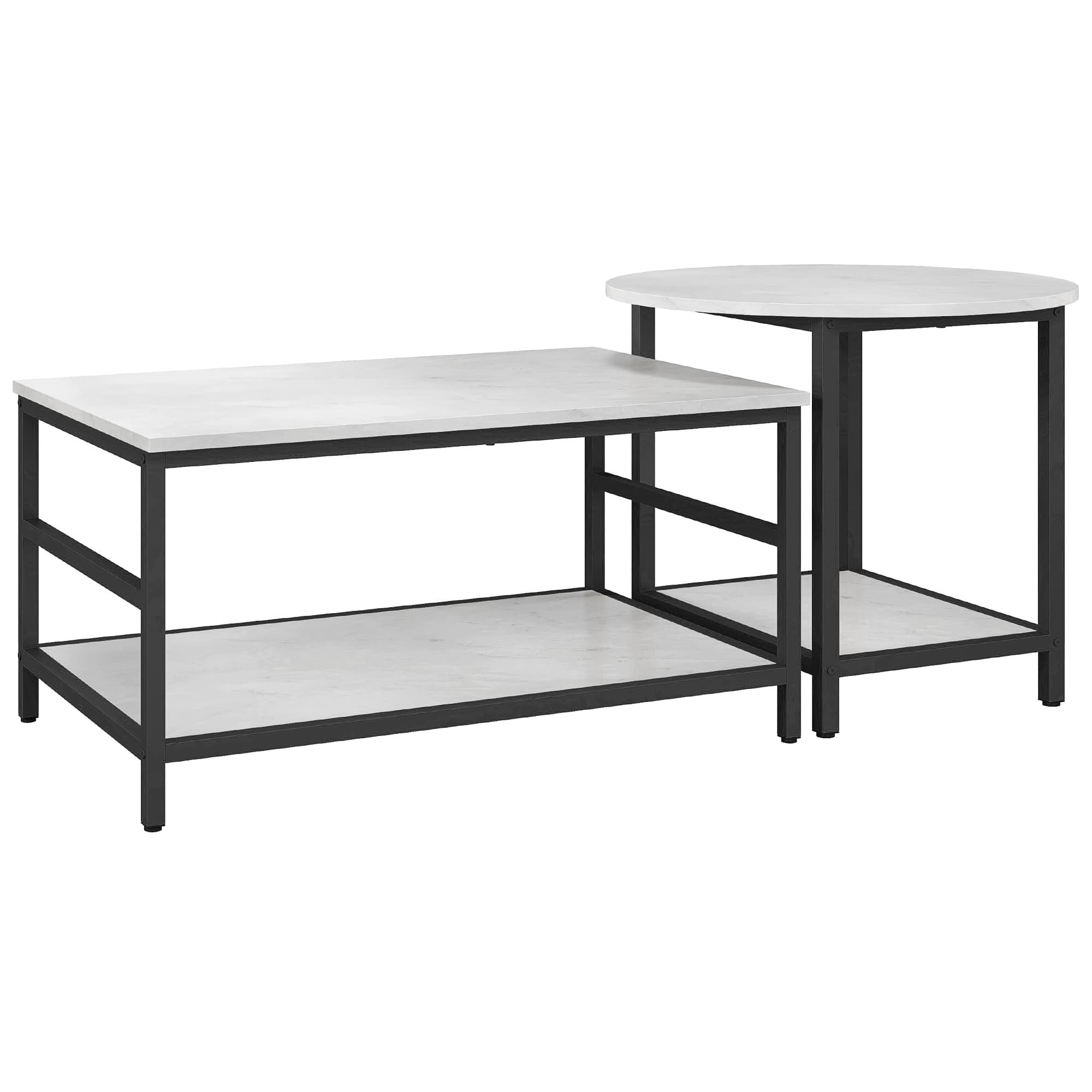 HOMCOM Ensemble de 2 Tables Basses à 2 Niveaux en Aggloméré et Acier avec Plateau Effet Marbre, Blanc et Noir