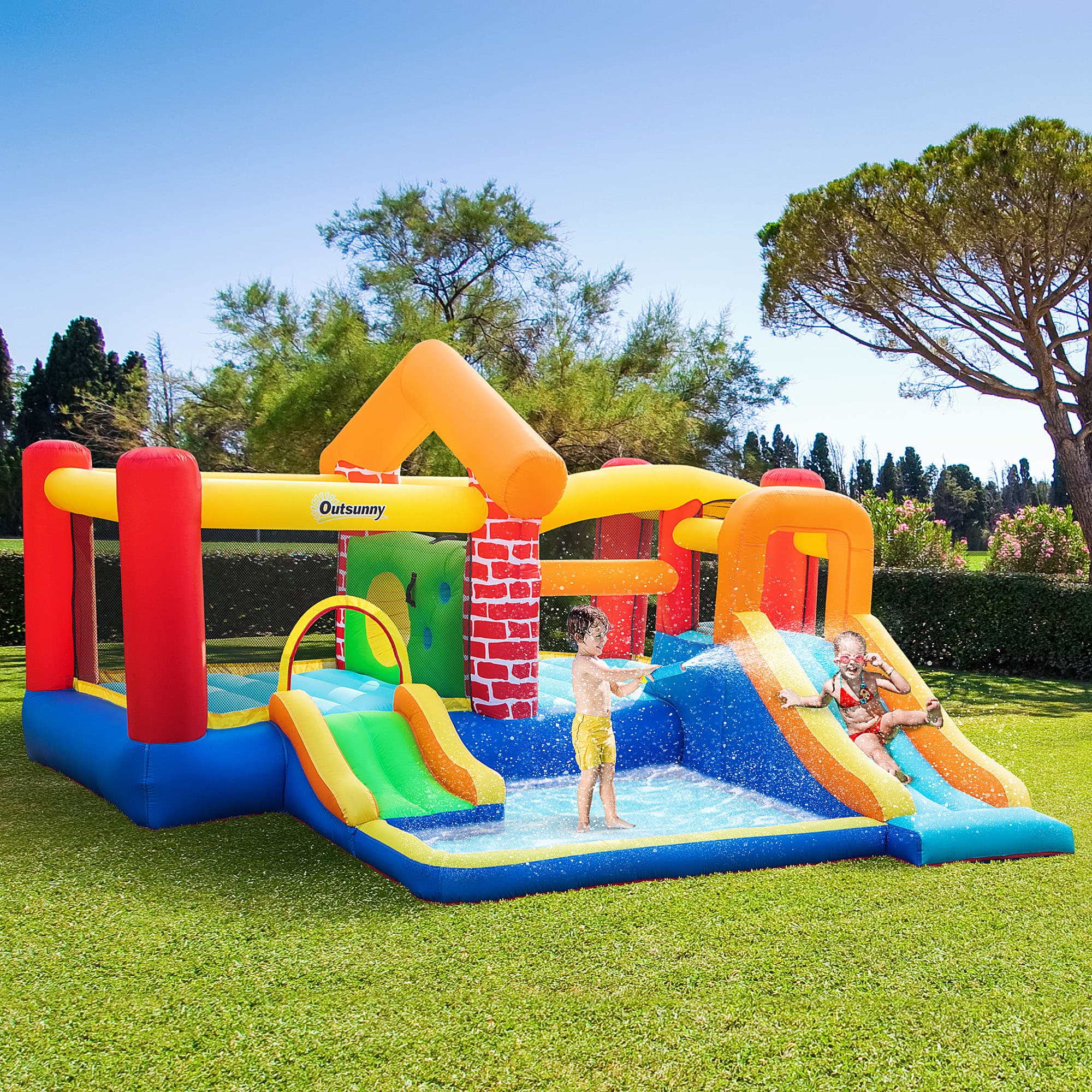 Outsunny Château Gonflable avec 2 Toboggans 2 Lits de Saut et Piscine pour Enfants +3 Ans Inclus Pompe et Sac de Transport pour Intérieur Extérieur 380x370x230 cm Multicolore