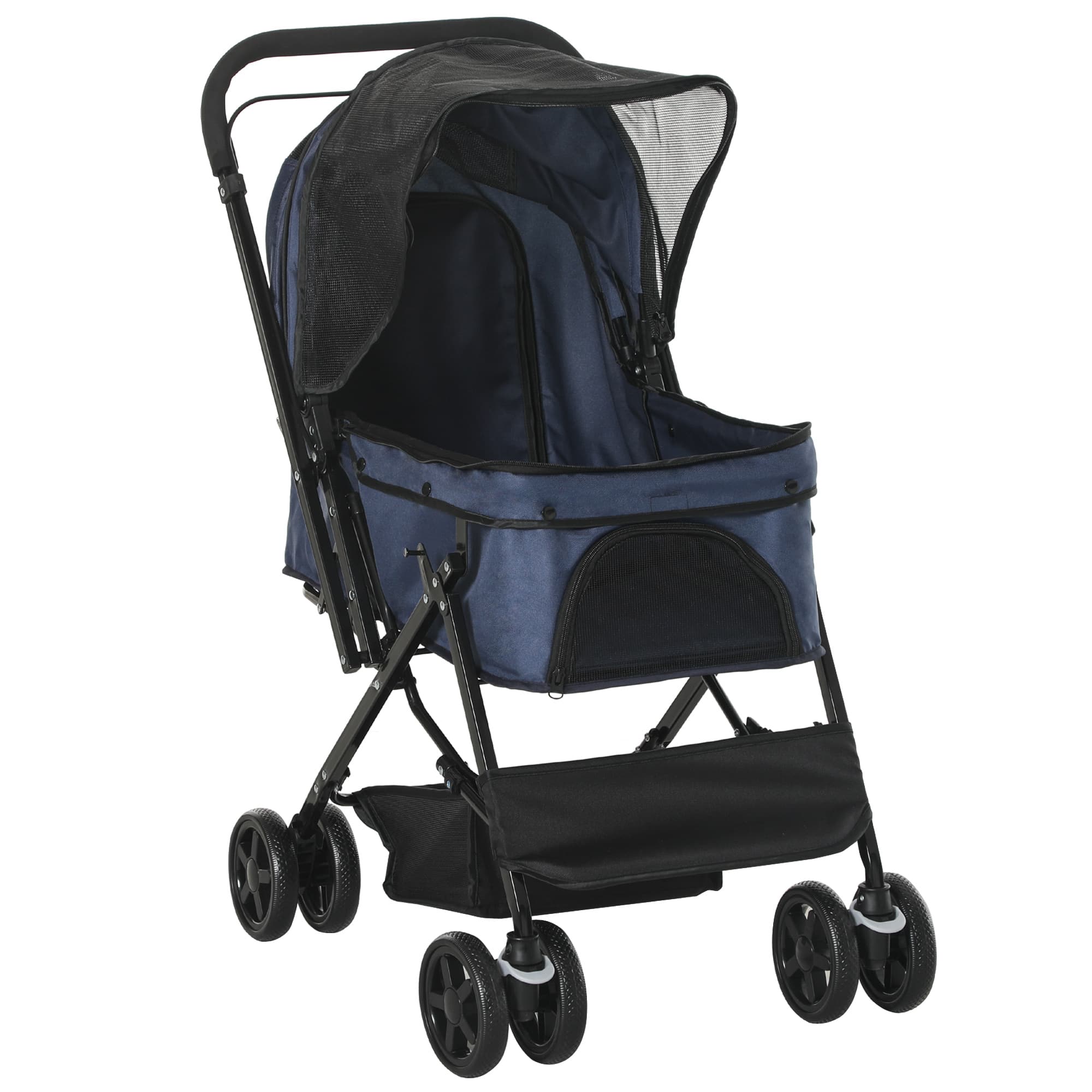 PawHut Chariot pour chiens poussette pliable, 1 panier, 2 freins, incl. attaches de sécurité, Bleu