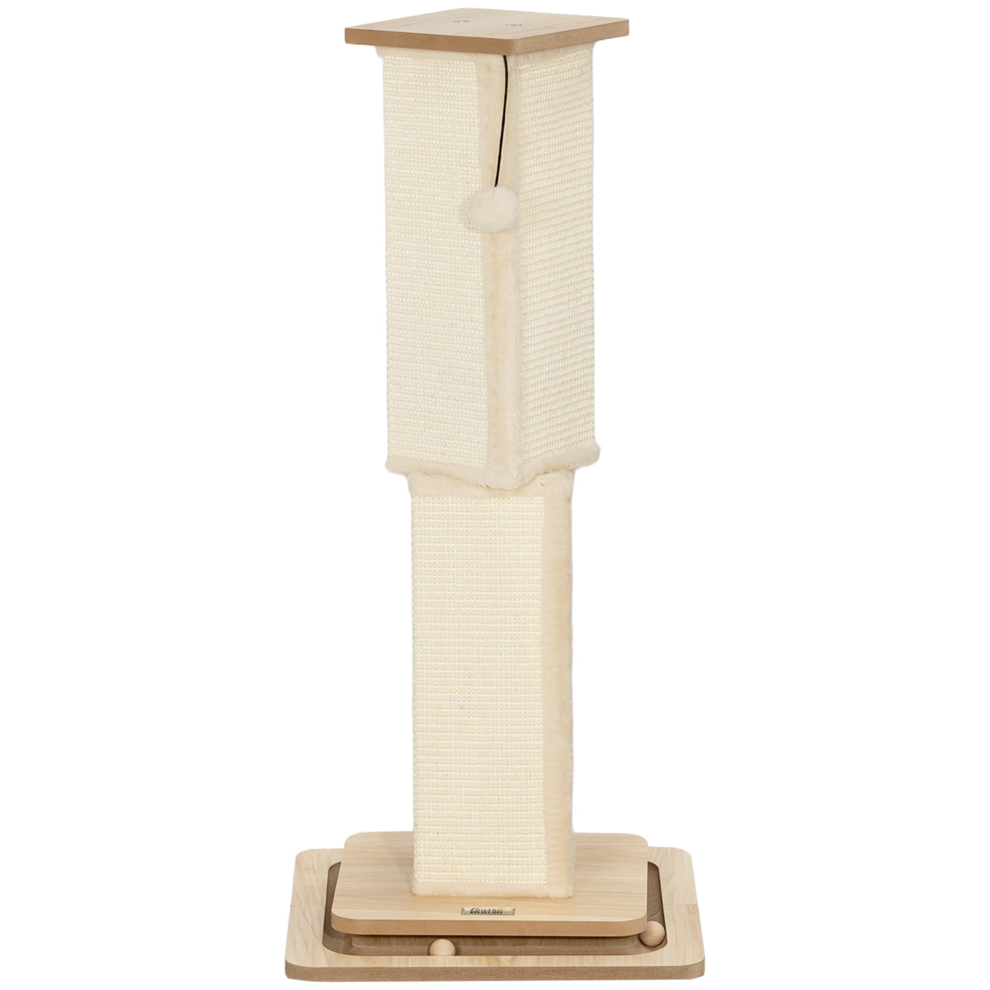 PawHut Arbre à chat 3-en-1 avec rail de jeu, balle de jeu, sisal, jusqu'à 10 kg, 39,5 x 39,5 x 87 cm, Chêne/Crème