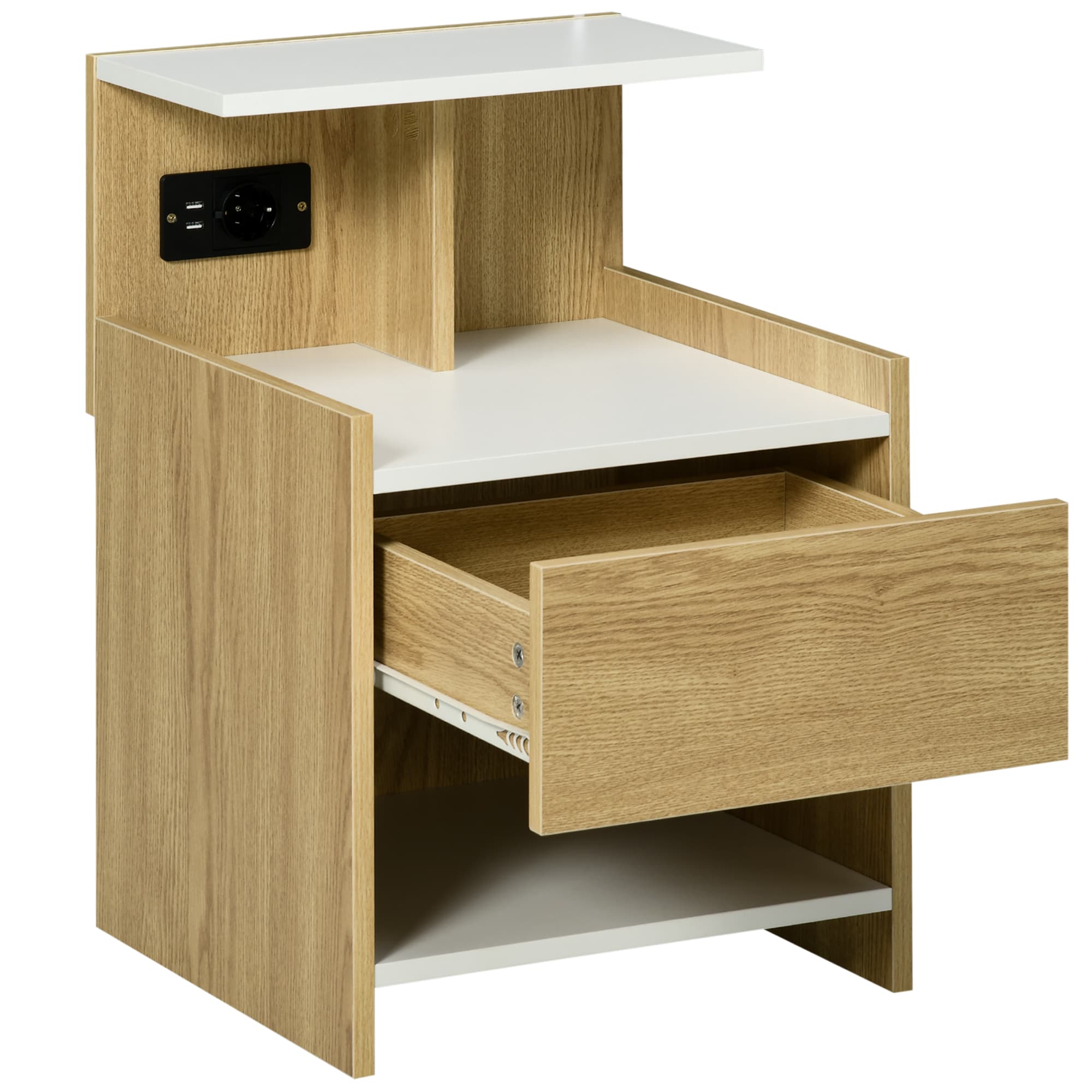 HOMCOM Table de Chevet Moderne avec 2 Prises, 2 ports USB et Tiroir en aggloméré, 40x40x60cm, Couleur Bois