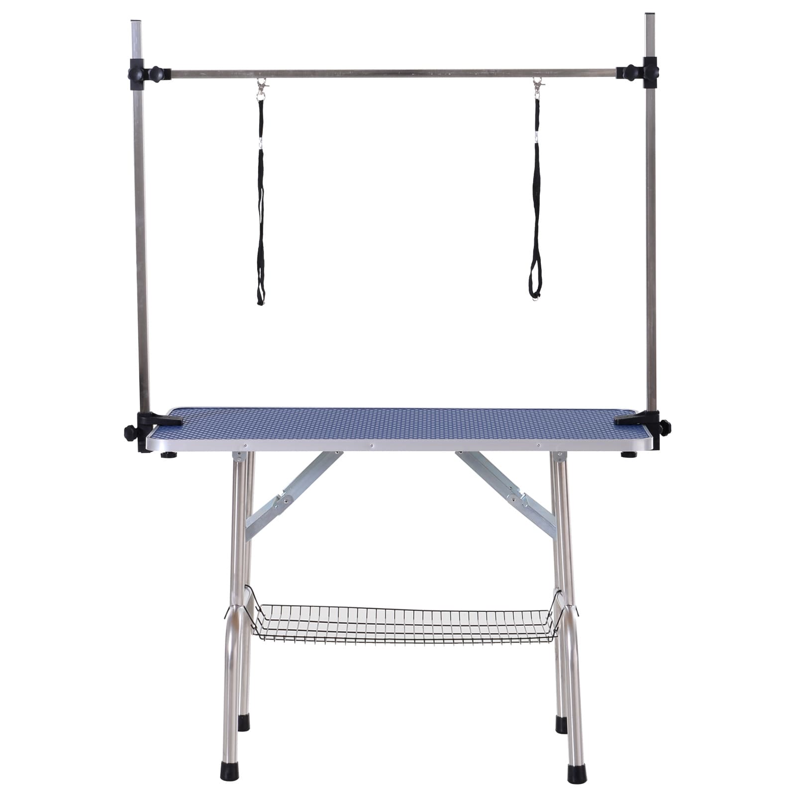 PawHut Table de Toilettage pour Animaux Table de Soins Table de Tonte avec Panier inférieur pour Chiens ajustable en hauteur pliable Acier Inoxydable Métal Bleu 107 x 60 x 170 cm
