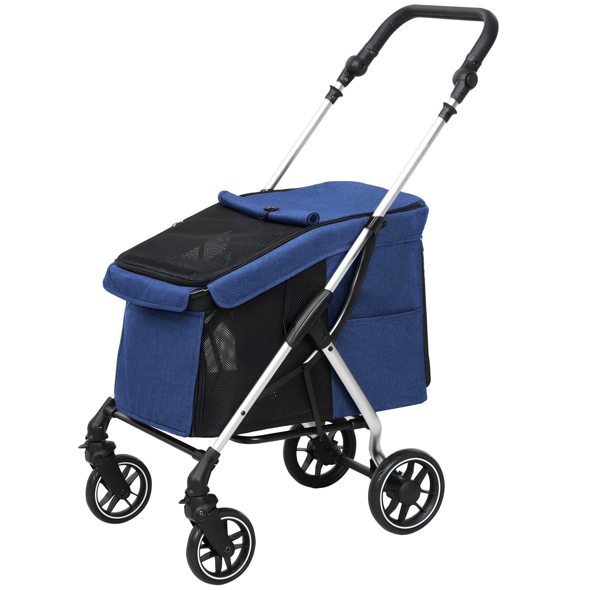PawHut Poussette pour chiens, Transport léger et pliable pour petits chiens, coussin lavable, fenêtre en filet, Bleu foncé