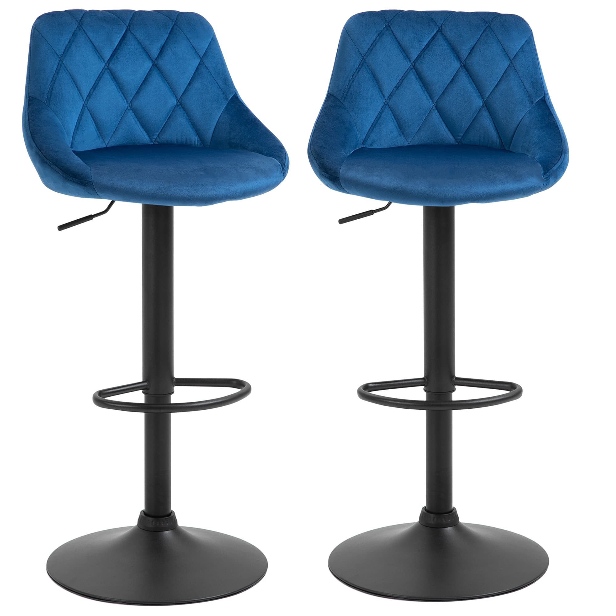 HOMCOM Set 2 Tabourets de Bar, Hauteur Réglable avec Base en Métal et Assise en Velours, Tabourets Modernes avec Dossier et Repose-Pieds, 46x48x83-104cm, Bleu