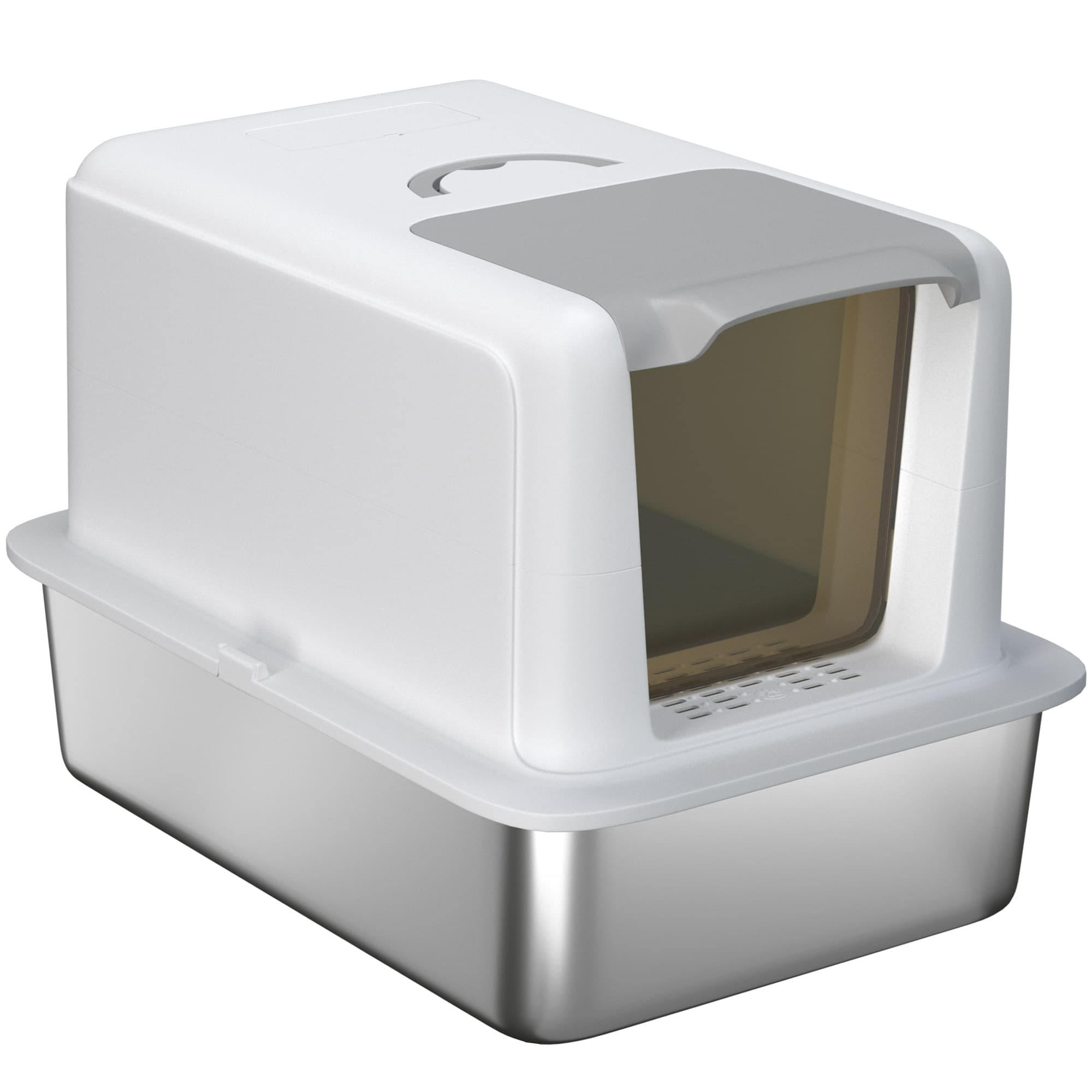 PawHut Litière pour chat, Bac en Acier Inoxydable, Filtre, Pelle, pour Chats jusqu'à 6 kg, 40,5 x 60,5 x 41,5 cm, Blanc/Argent