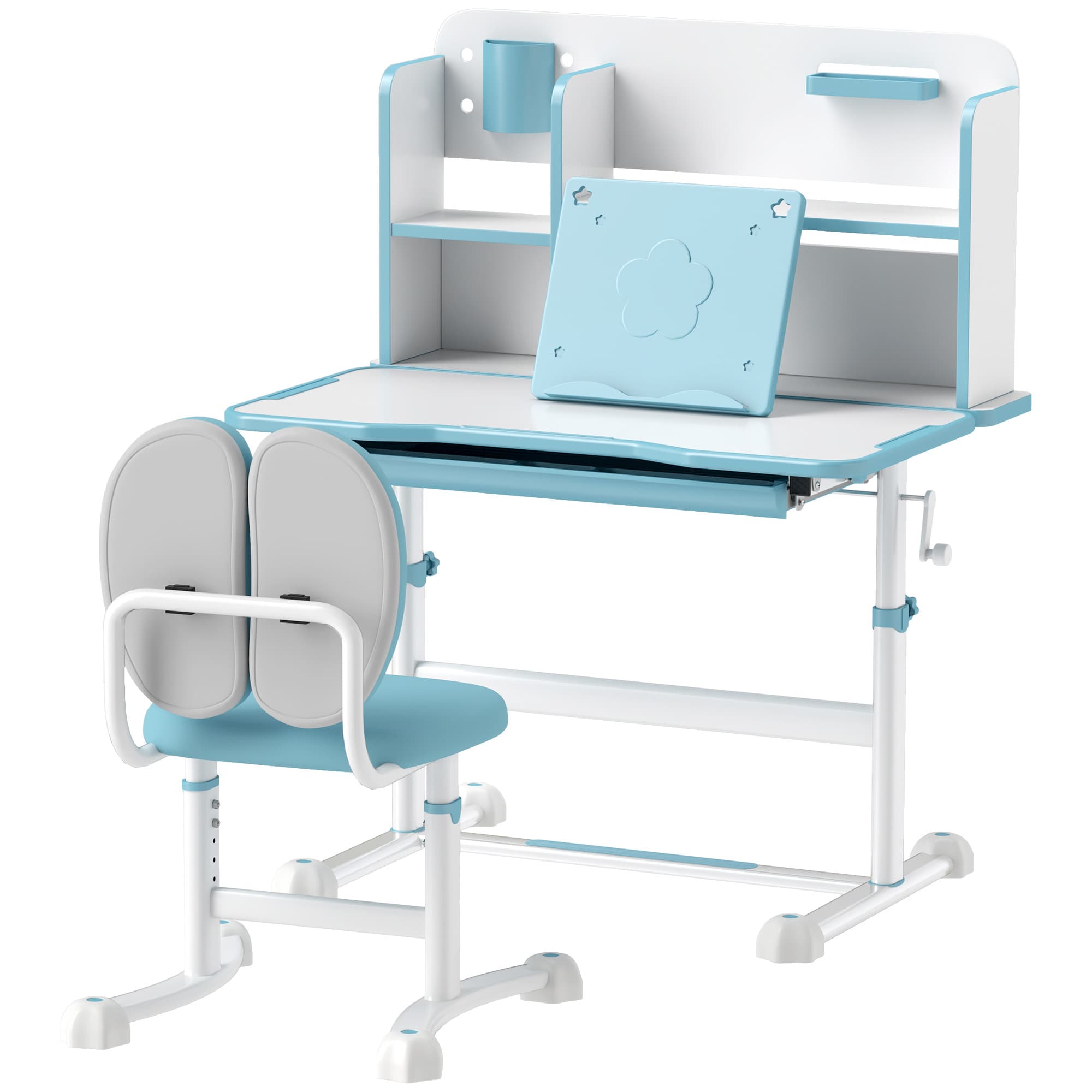 AIYAPLAY Set Bureau et Chaise pour Enfants Réglables, Banc d'École avec Plan Inclinable, Tiroir, Étagère, Bleu