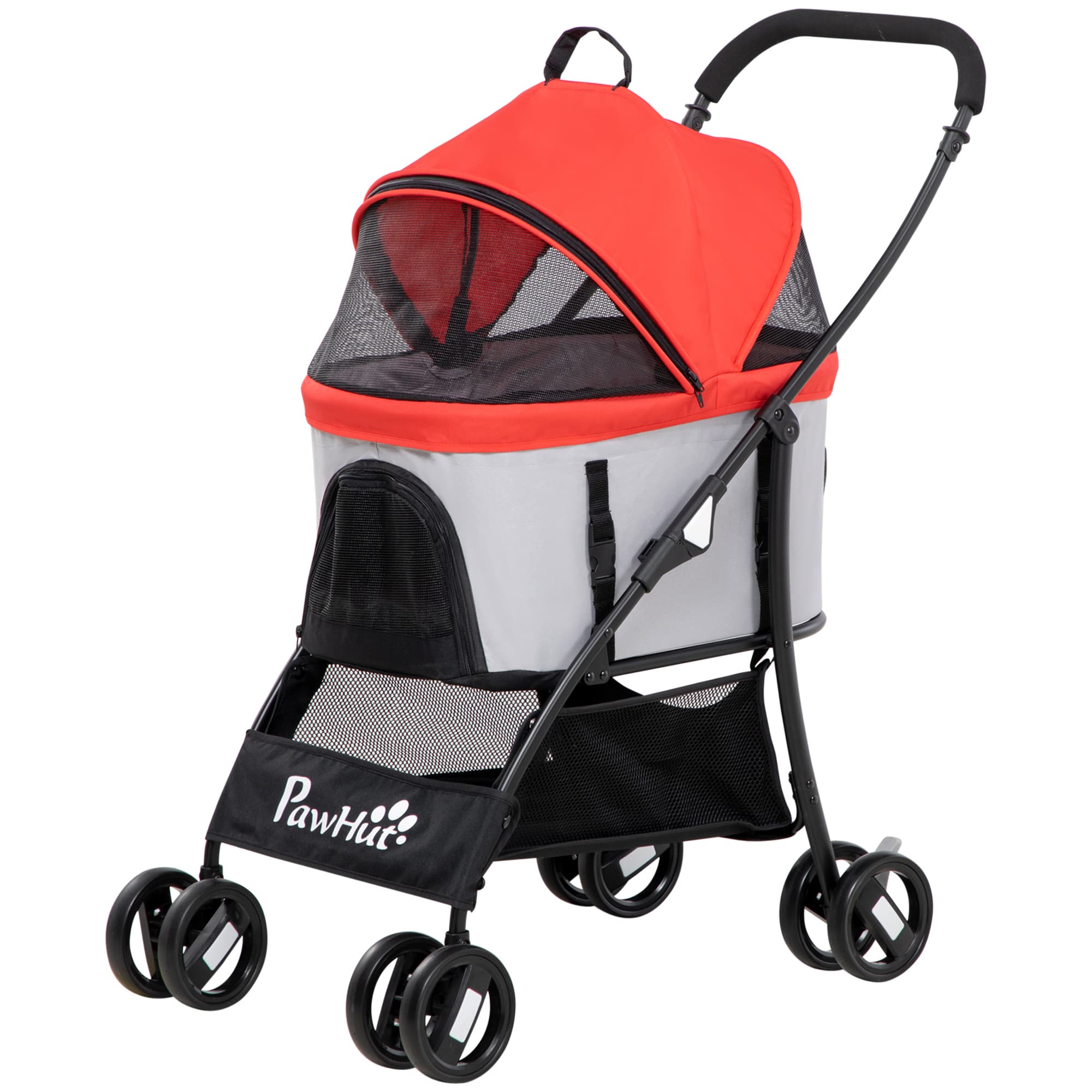 PawHut Poussette pour Chiens Pliable avec Transporteur Amovible et Capote, 82x49,5x98 cm, Rouge