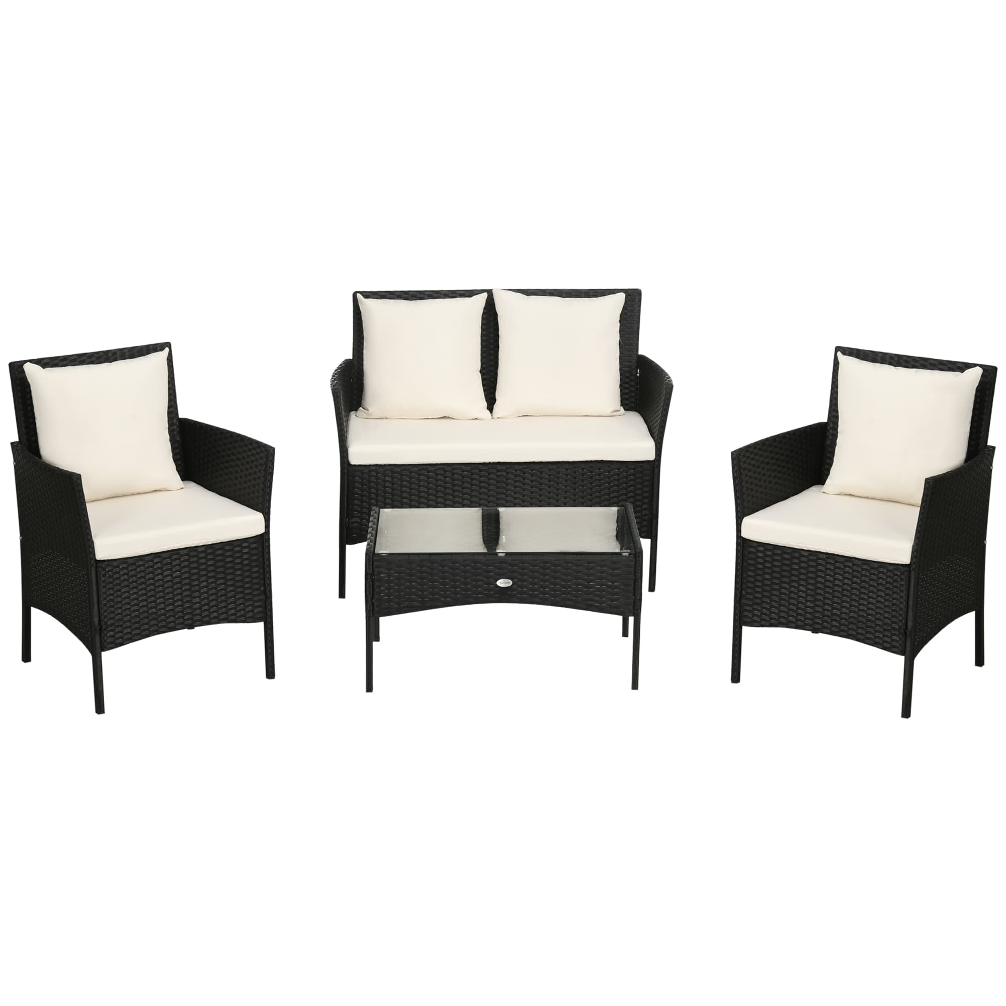 Outsunny Ensemble de Jardin 4 Pièces en Rotin avec 2 Chaises, Fauteuil de Jardin 2 Places et Table Basse
